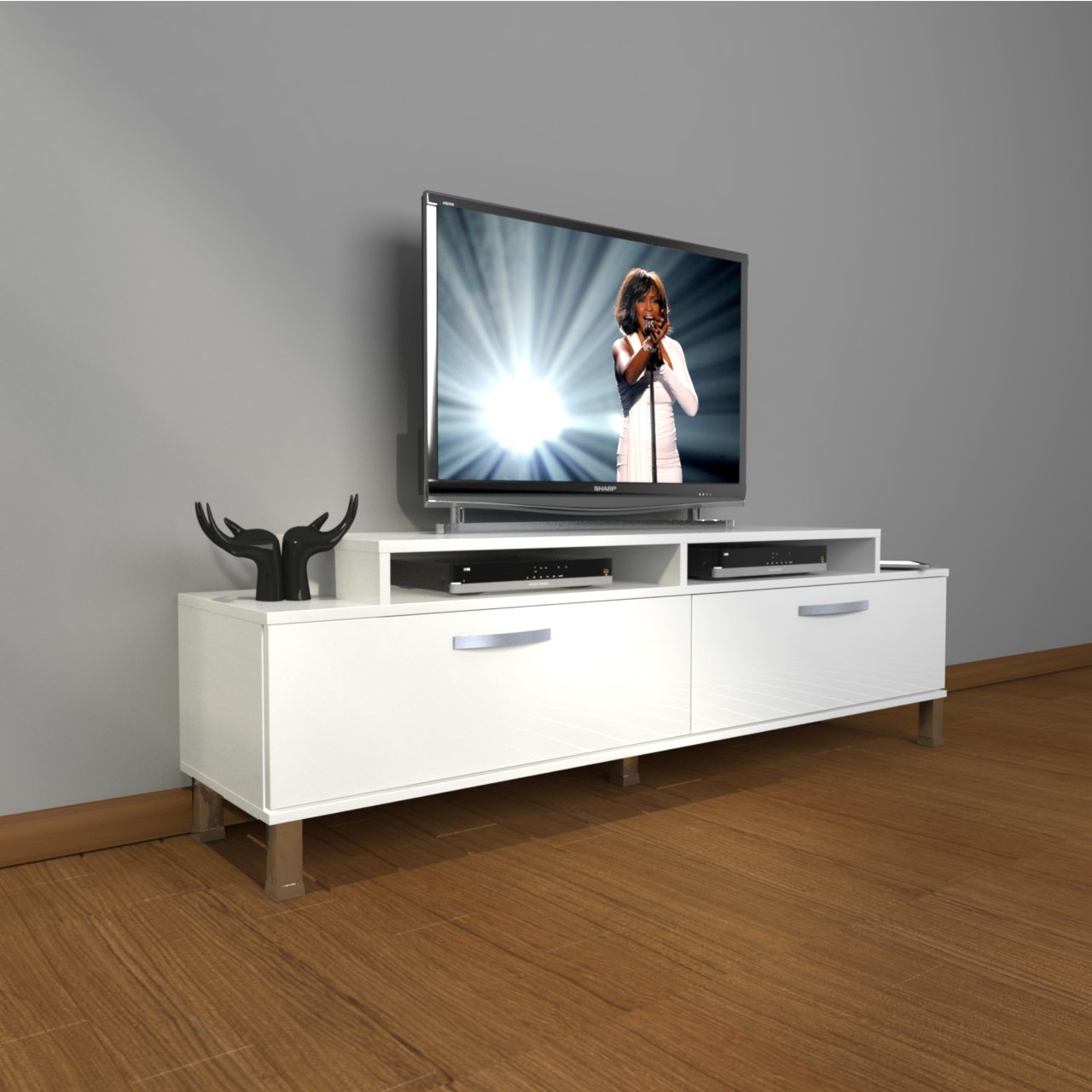 Decoraktiv Ekoflex 4 Slm Krom Ayaklı Tv Ünitesi Tv Sehpası Parlak Beyaz