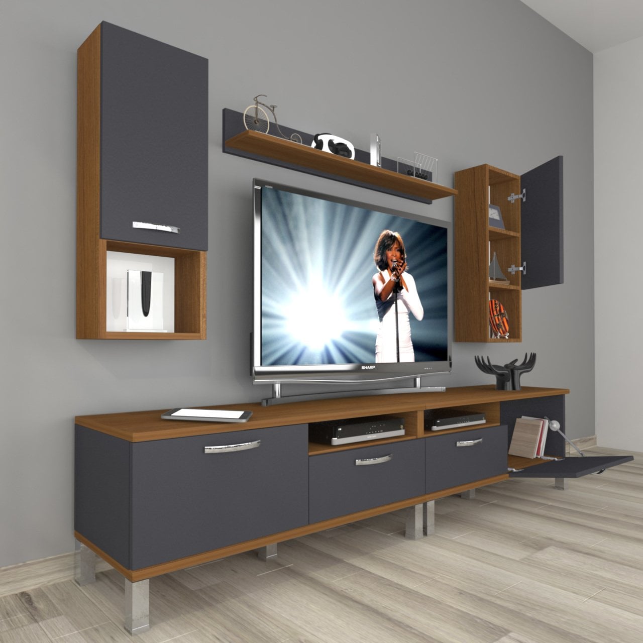 Decoraktiv Eko 5200DA Mdf Krom Ayaklı Tv Ünitesi Tv Sehpası Ceviz - Antrasit