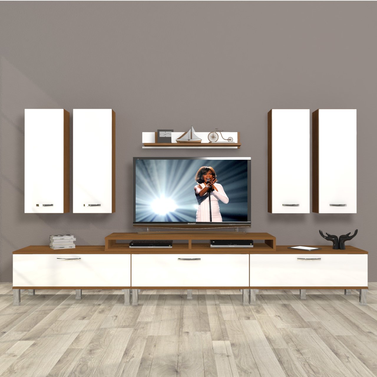 Decoraktiv Ekoflex 8D Slm Krom Ayaklı Tv Ünitesi Tv Sehpası Ceviz - Beyaz