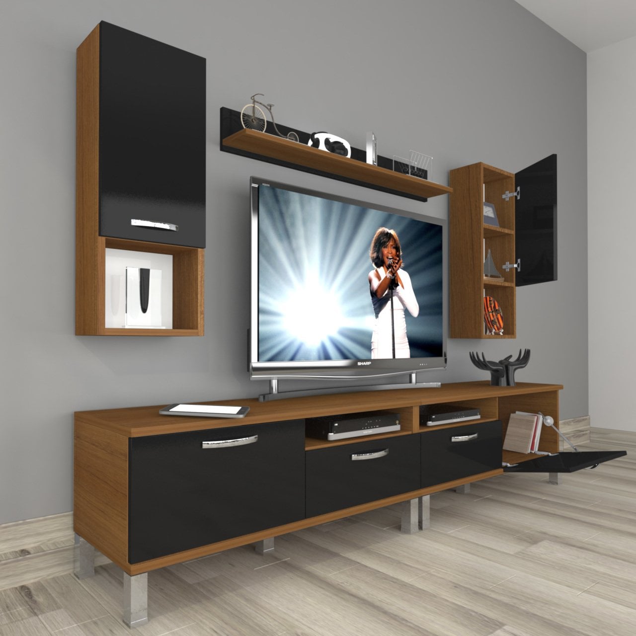 Decoraktiv Eko 5200DA Mdf Krom Ayaklı Tv Ünitesi Tv Sehpası Ceviz - Siyah