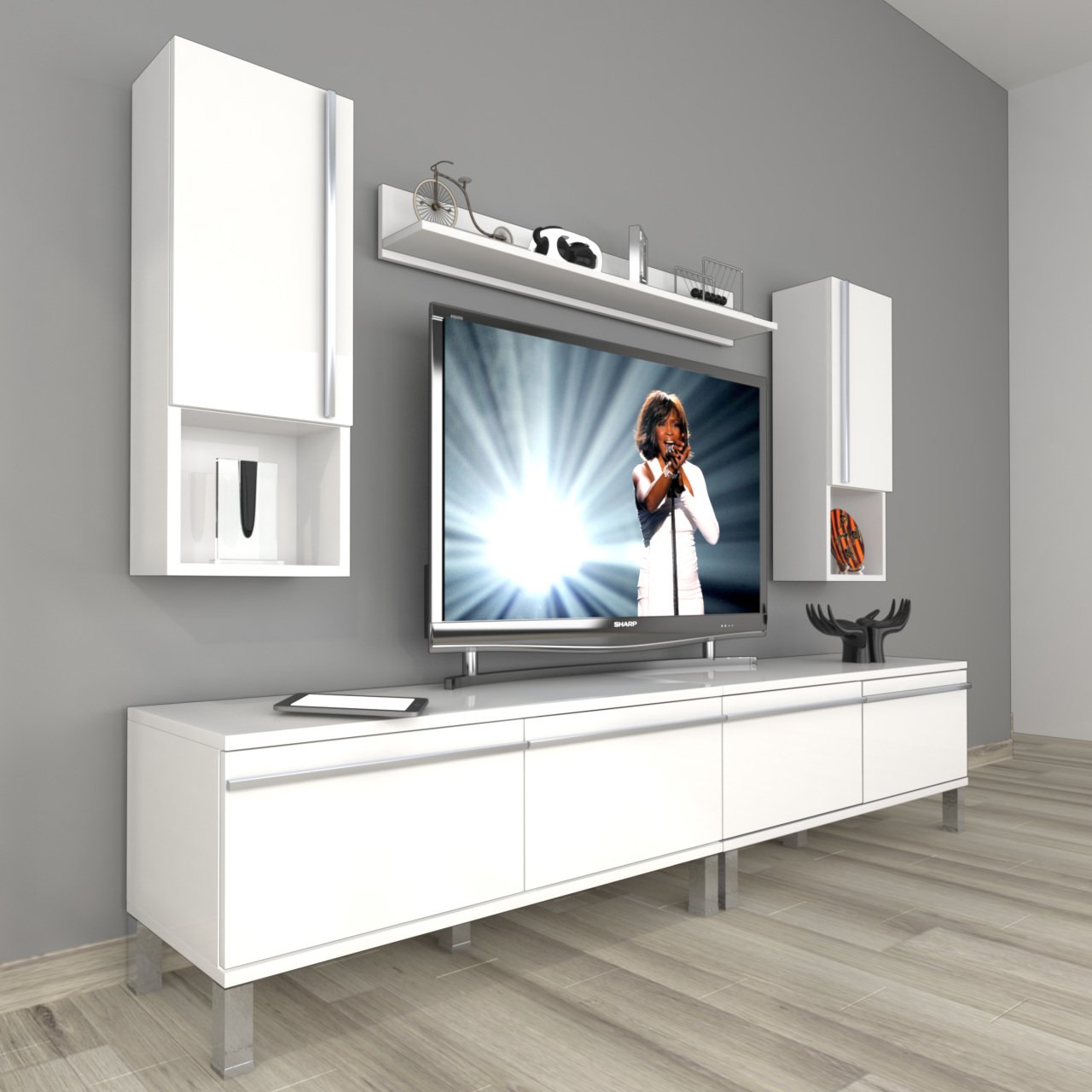 Decoraktiv Eko 5220TA Mdf Krom Ayaklı Tv Ünitesi Tv Sehpası Parlak Beyaz