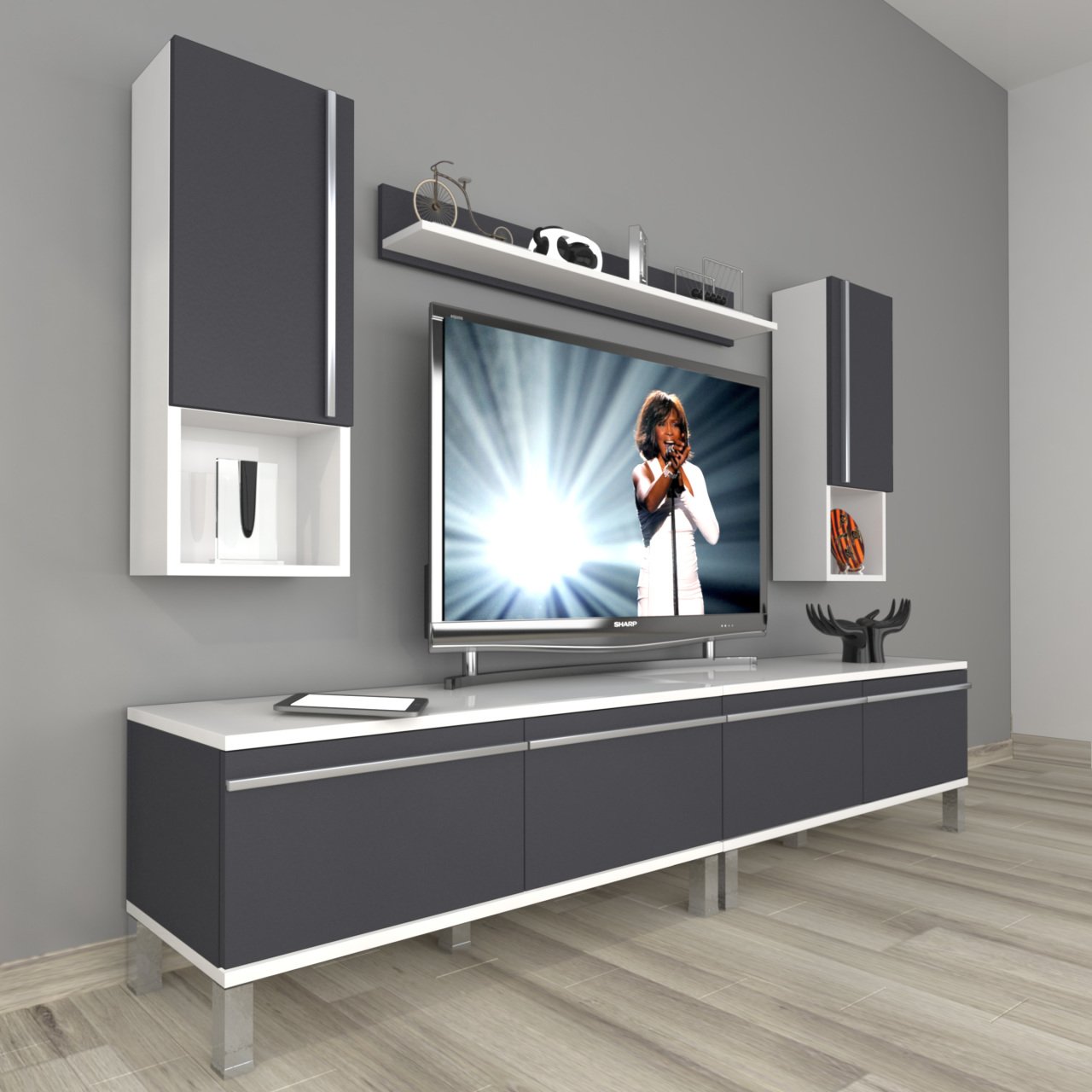 Decoraktiv Eko 5220TA Mdf Krom Ayaklı Tv Ünitesi Tv Sehpası Beyaz - Antrasit