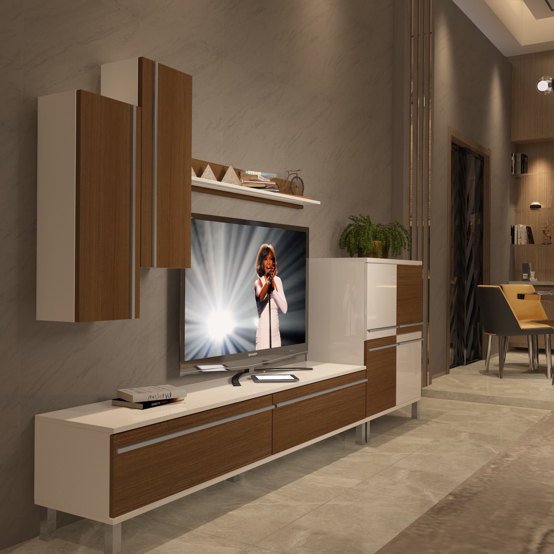 Decoraktiv Eko 6 Mdf Std Krom Ayaklı Tv Ünitesi Tv Sehpası Beyaz - Ceviz