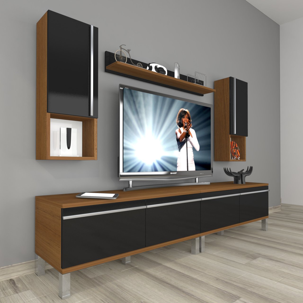 Decoraktiv Eko 5220TA Mdf Krom Ayaklı Tv Ünitesi Tv Sehpası Ceviz - Siyah