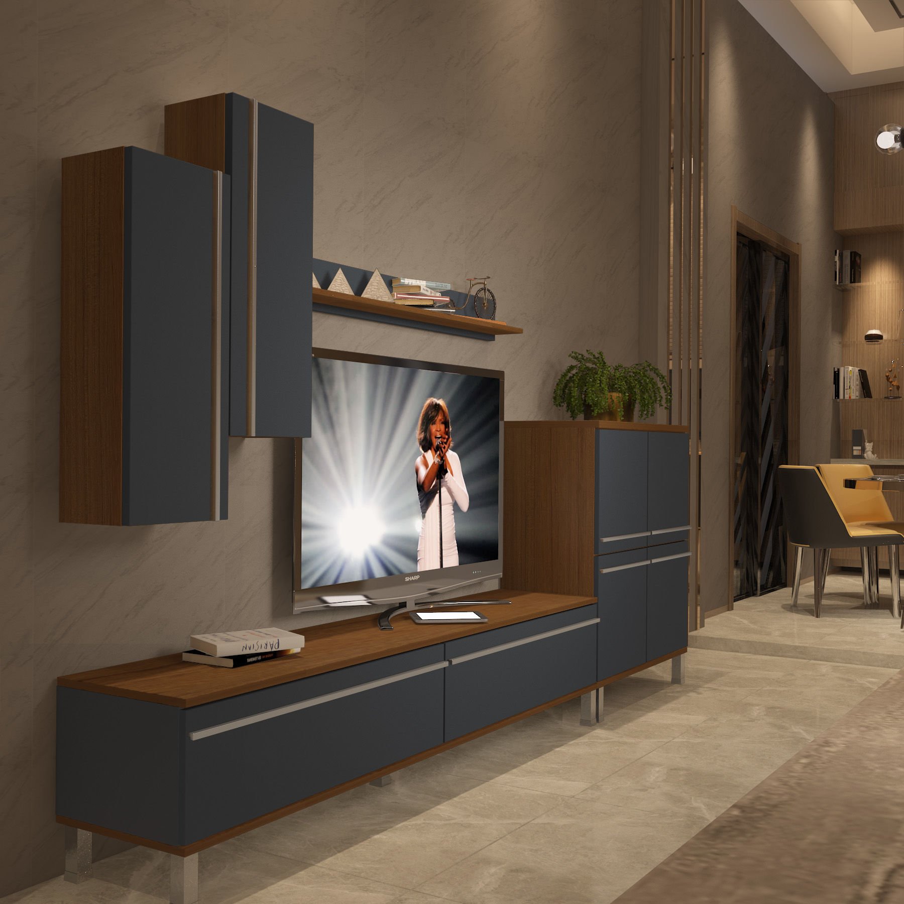 Decoraktiv Eko 6 Mdf Std Krom Ayaklı Tv Ünitesi Tv Sehpası Ceviz - Antrasit