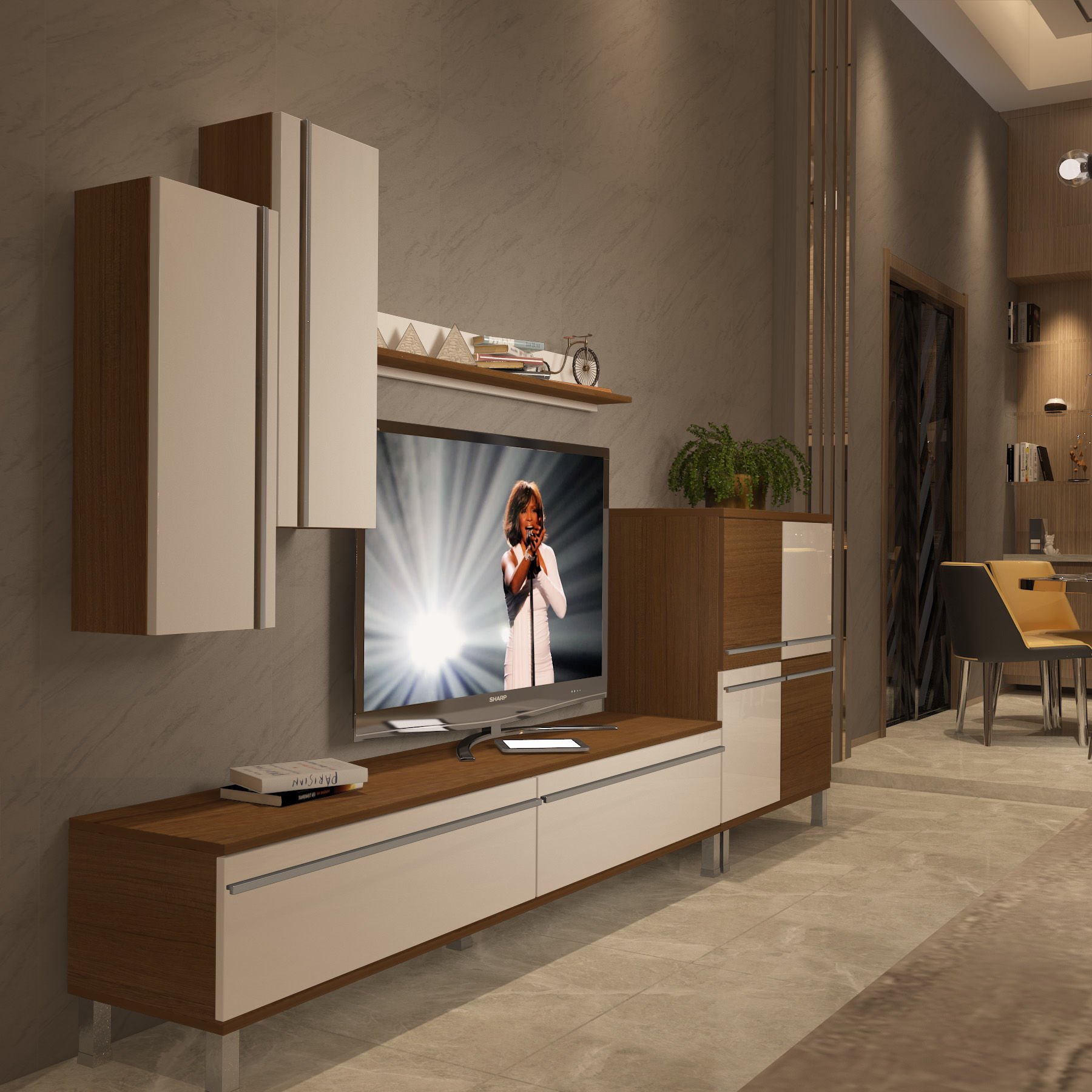 Decoraktiv Eko 6 Mdf Std Krom Ayaklı Tv Ünitesi Tv Sehpası Ceviz - Beyaz