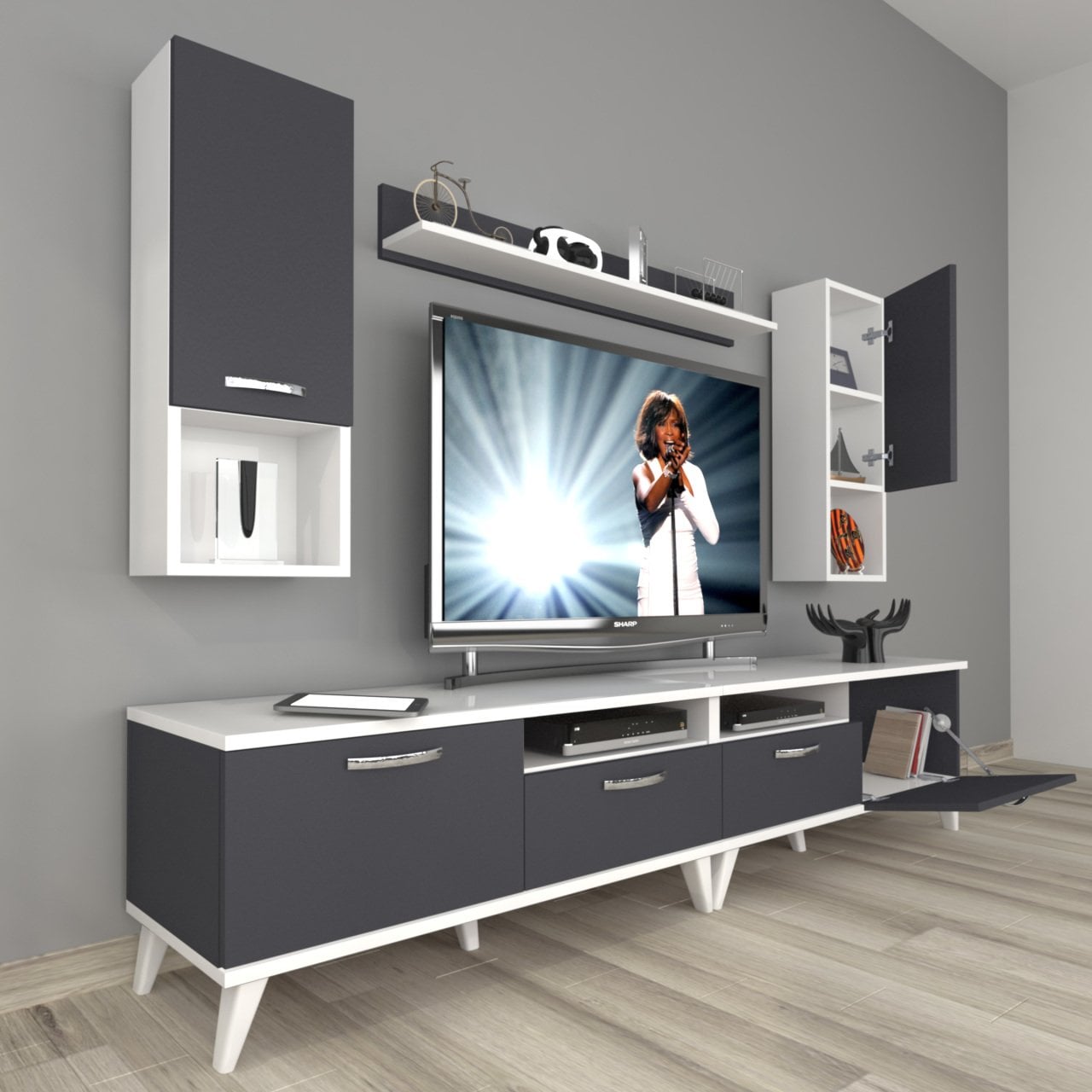Decoraktiv Eko 5200DA Mdf Retro Tv Ünitesi Tv Sehpası Beyaz - Antrasit