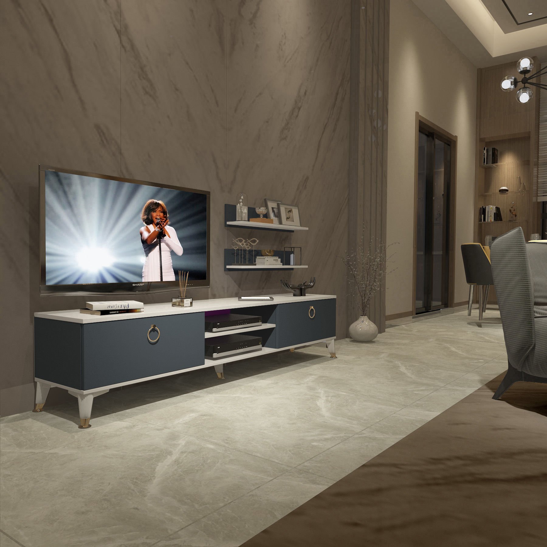 Decoraktiv Eko 4 Mdf Dvd Gold Tv Ünitesi Tv Sehpası Beyaz - Antrasit
