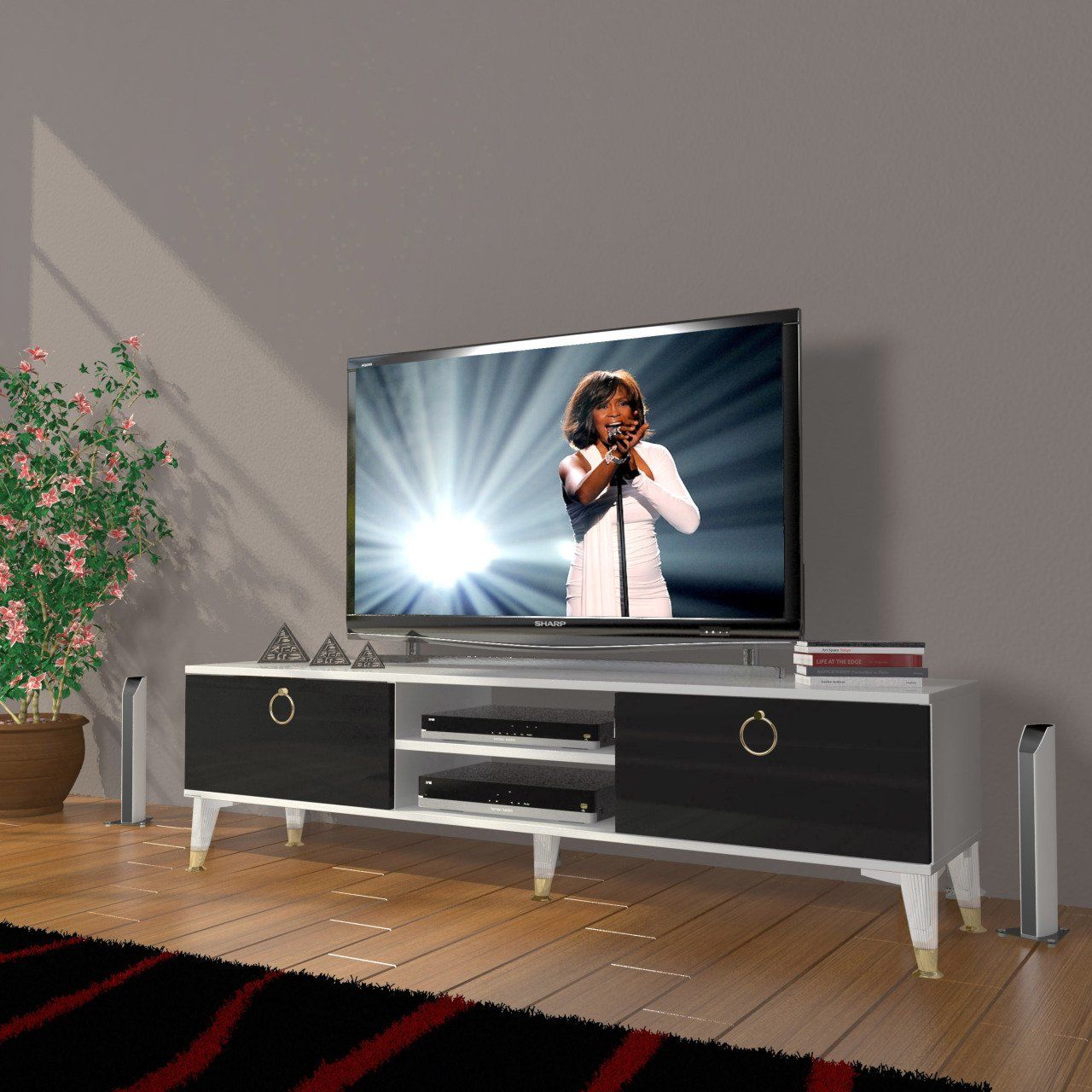 Decoraktiv Eko 140 Mdf Dvd Gold Tv Ünitesi Tv Sehpası Beyaz - Siyah