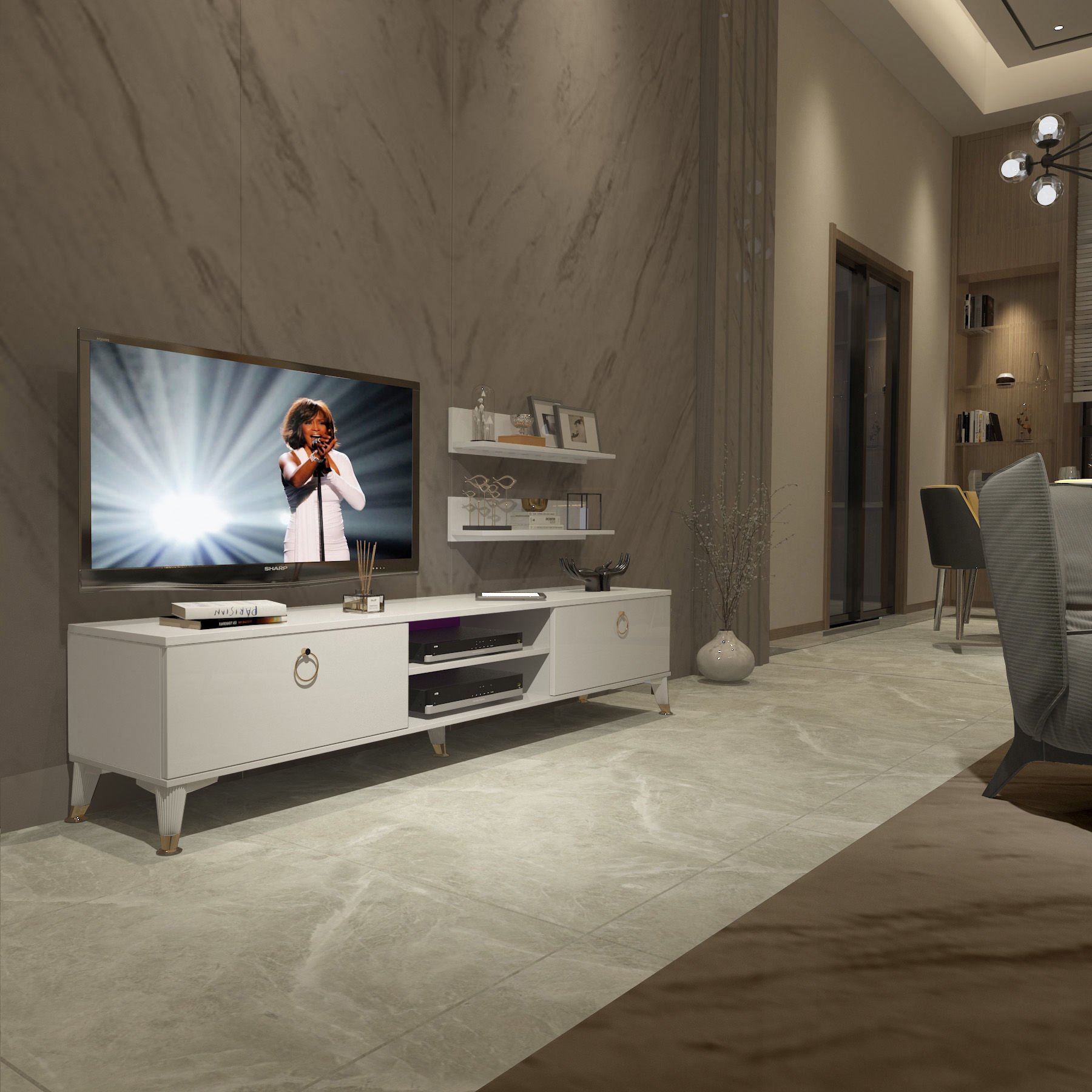 Decoraktiv Eko 4 Mdf Dvd Gold Tv Ünitesi Tv Sehpası Parlak Beyaz