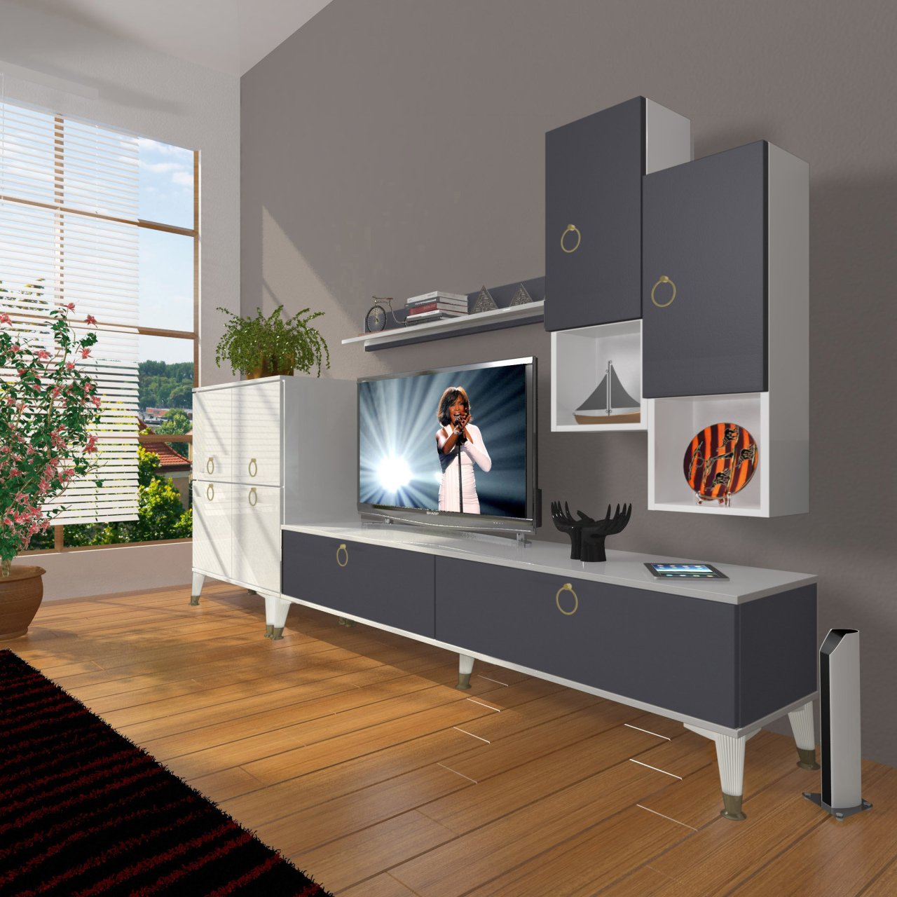 Decoraktiv Eko 6DA Mdf Std Gold Tv Ünitesi Tv Sehpası Beyaz - Antrasit