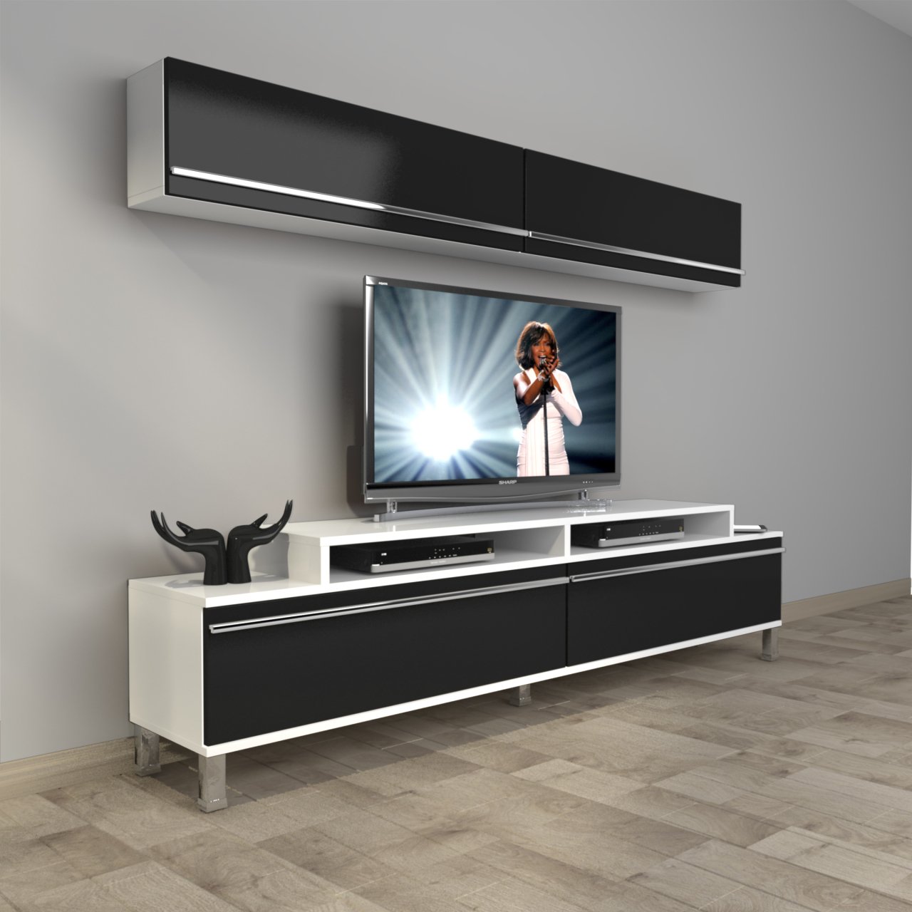 Decoraktiv Ekoflex 5 Mdf Krom Ayaklı Tv Ünitesi Tv Sehpası Beyaz - Siyah