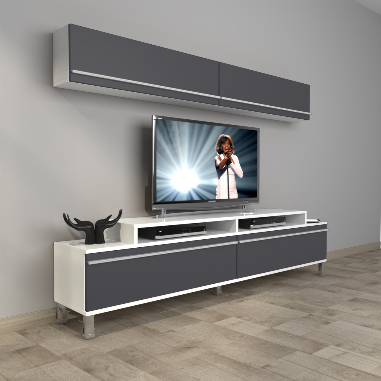 Decoraktiv Ekoflex 5 Mdf Krom Ayaklı Tv Ünitesi Tv Sehpası Beyaz - Antrasit