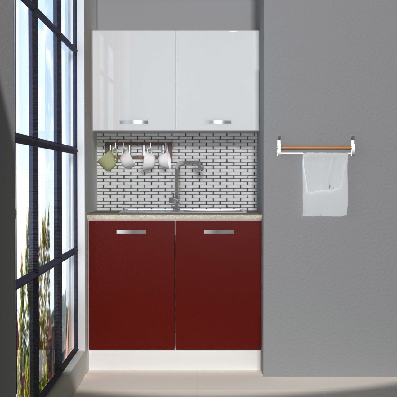 Decoraktiv Mini 90 MDF Hazır Mutfak Dolabı Bordo - Beyaz