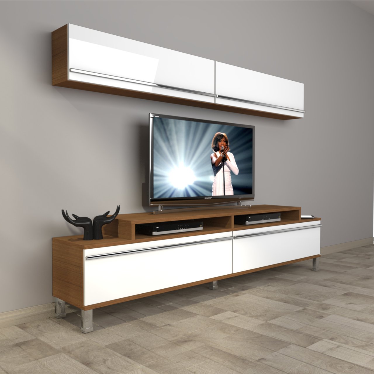 Decoraktiv Ekoflex 5 Mdf Krom Ayaklı Tv Ünitesi Tv Sehpası Ceviz - Beyaz