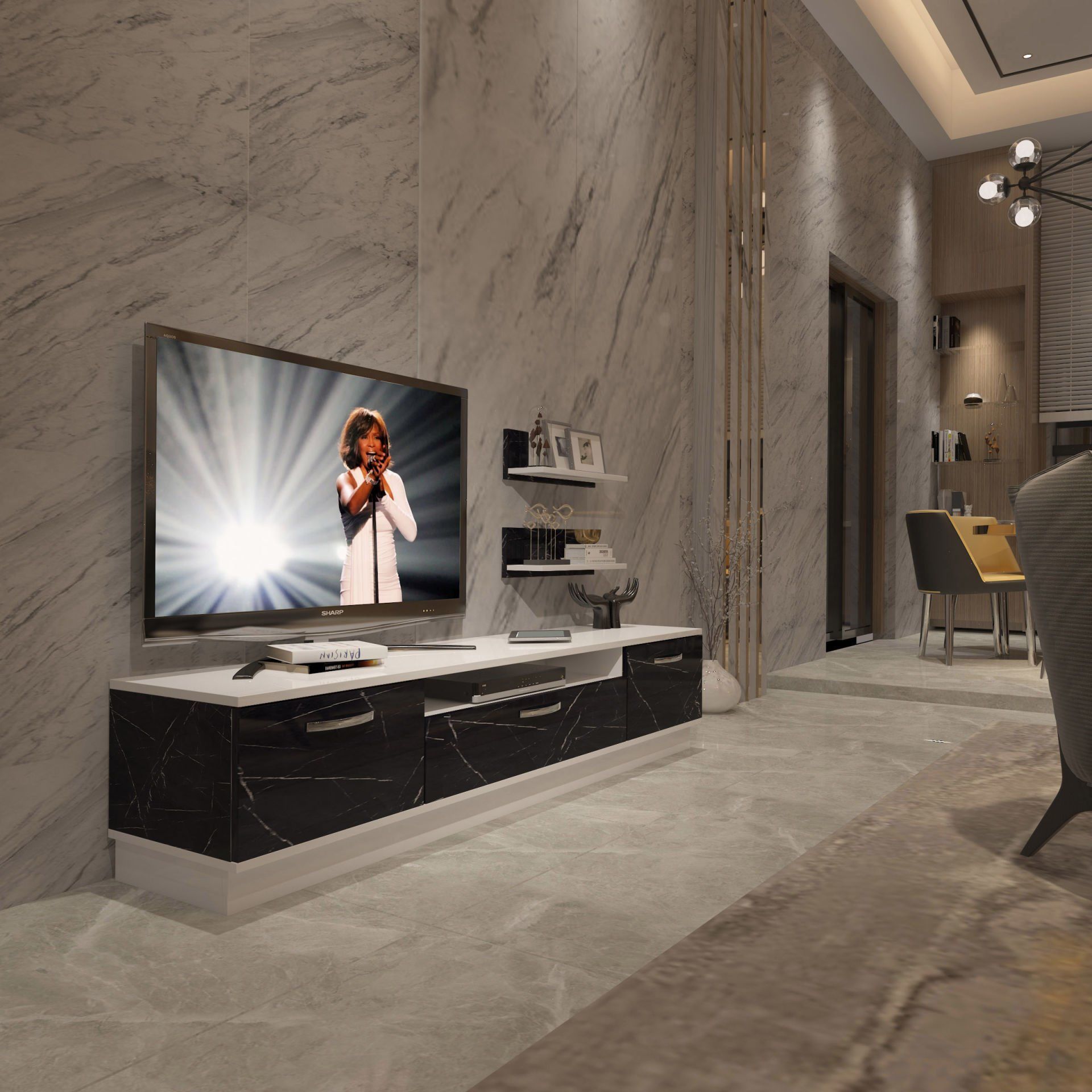 Decoraktiv Trendstyle 4 Mdf Tv Ünitesi Tv Sehpası Beyaz - Siyah Mermer