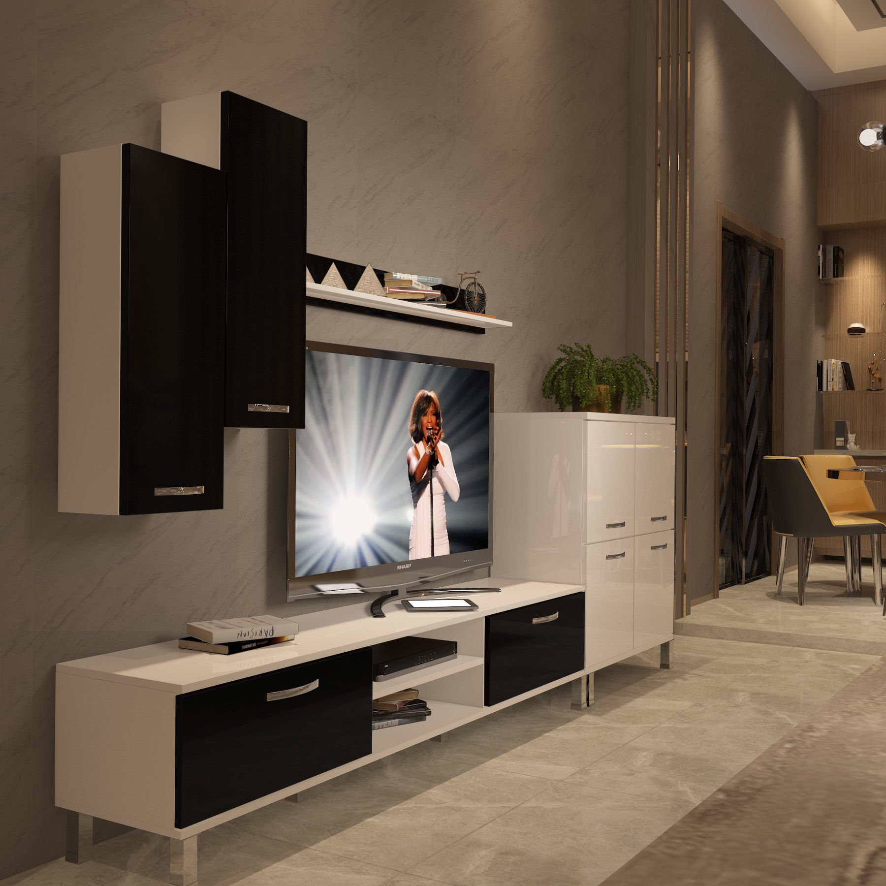 Decoraktiv Eko 6 Mdf Dvd Krom Ayaklı Tv Ünitesi Tv Sehpası Beyaz - Siyah