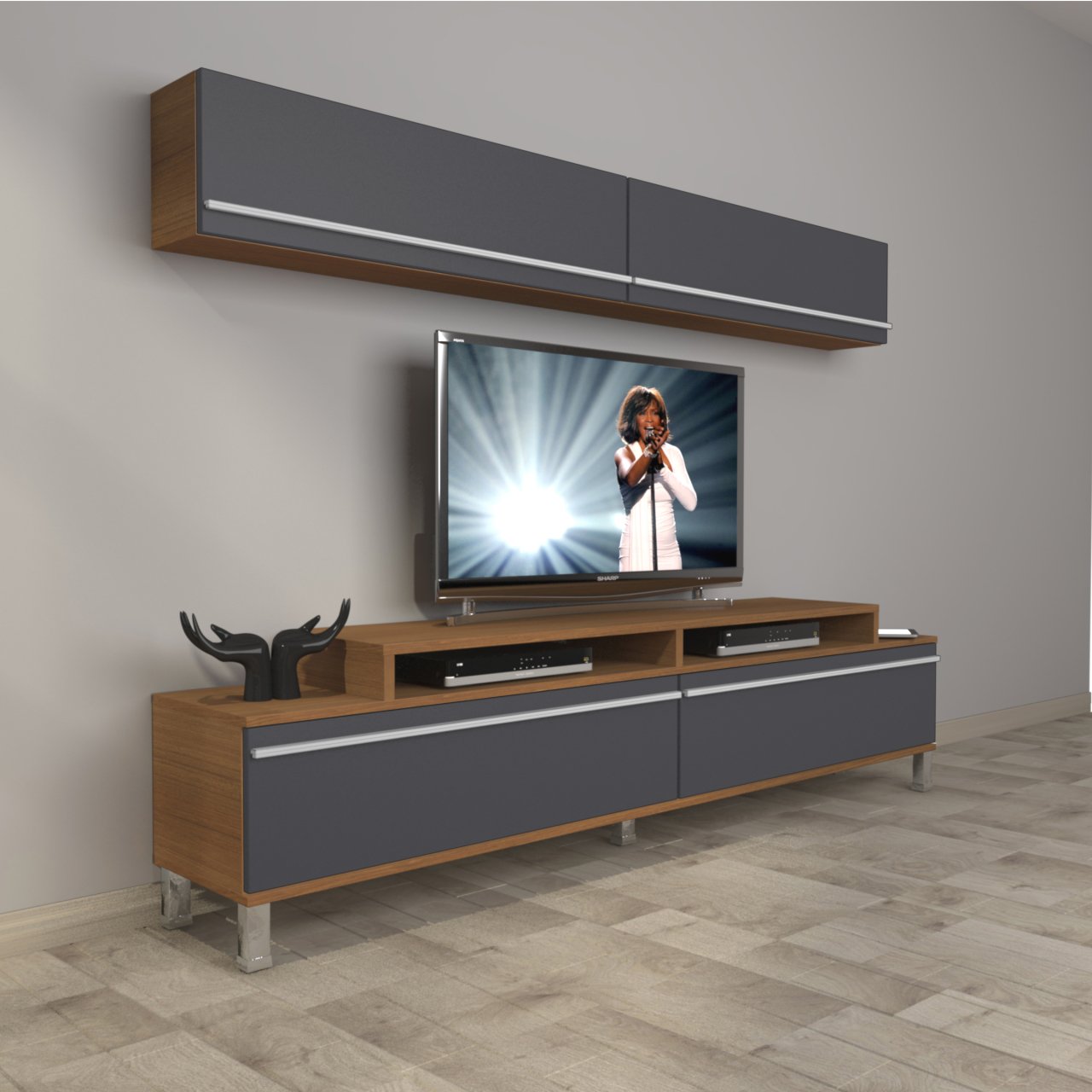 Decoraktiv Ekoflex 5 Mdf Krom Ayaklı Tv Ünitesi Tv Sehpası Ceviz - Antrasit