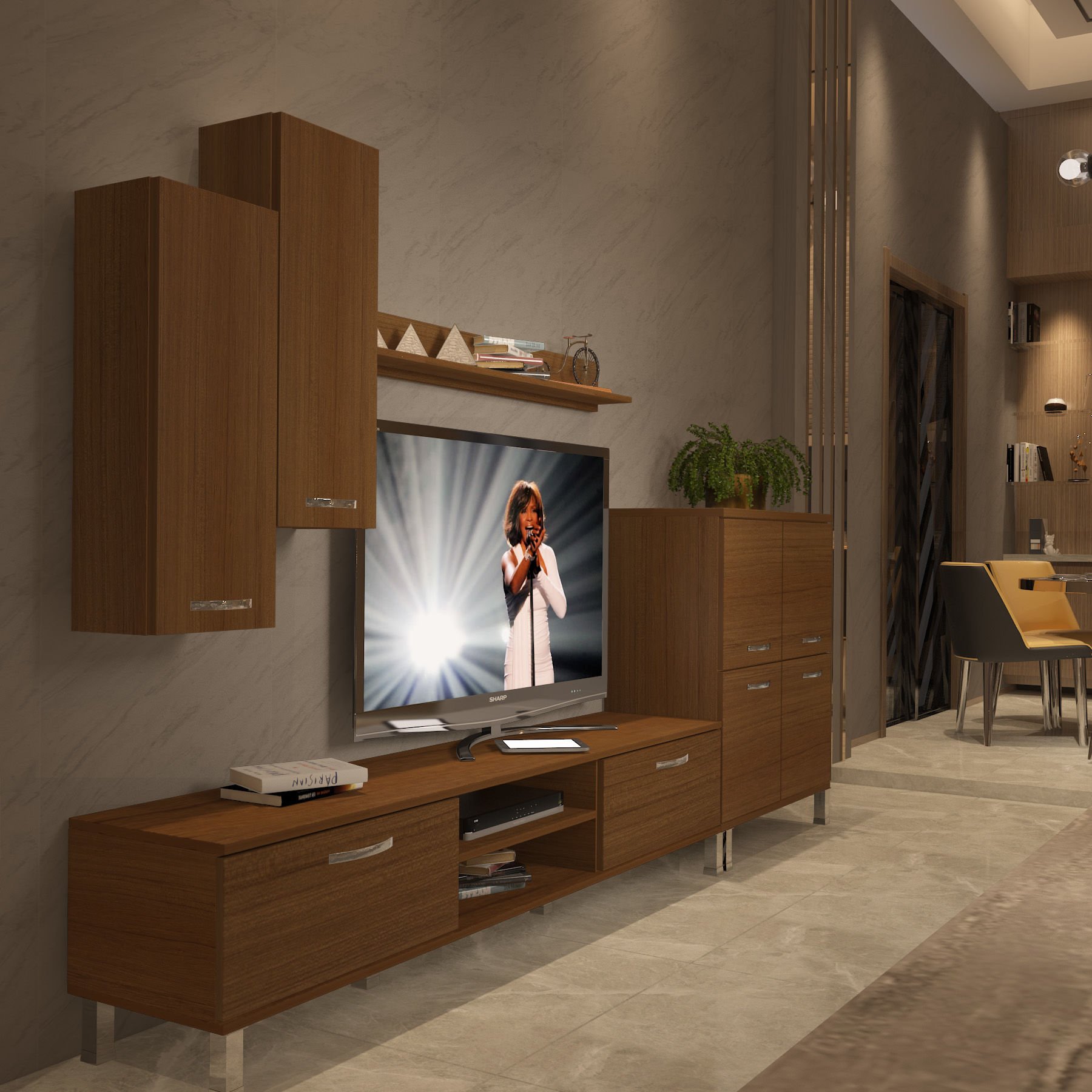 Decoraktiv Eko 6 Mdf Dvd Krom Ayaklı Tv Ünitesi Tv Sehpası Ceviz
