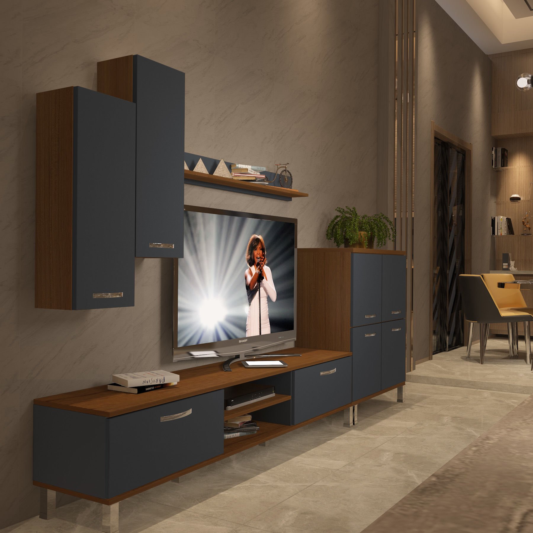 Decoraktiv Eko 6 Mdf Dvd Krom Ayaklı Tv Ünitesi Tv Sehpası Ceviz - Antrasit