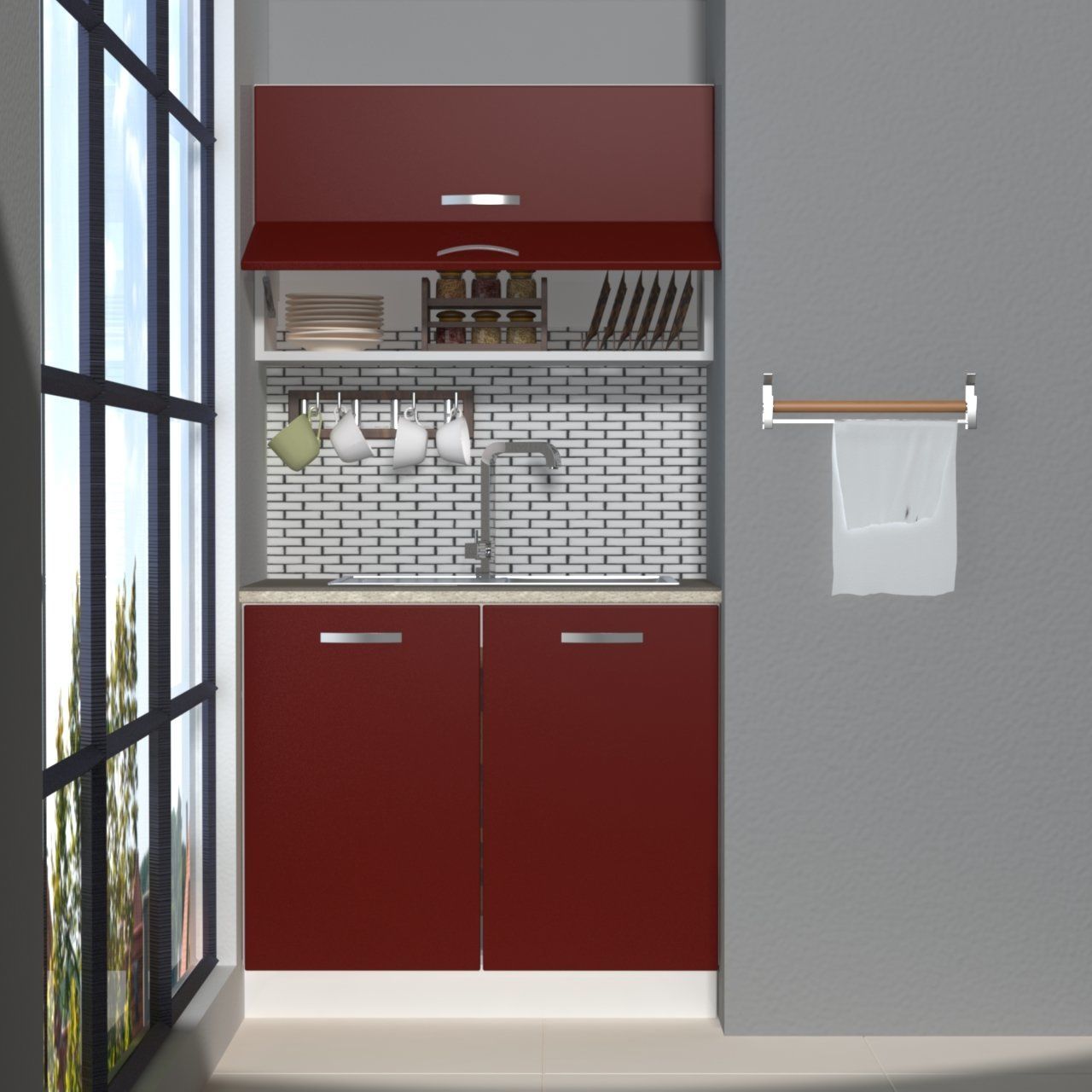 Decoraktiv Mini 90Y MDF Hazır Mutfak Dolabı Bordo