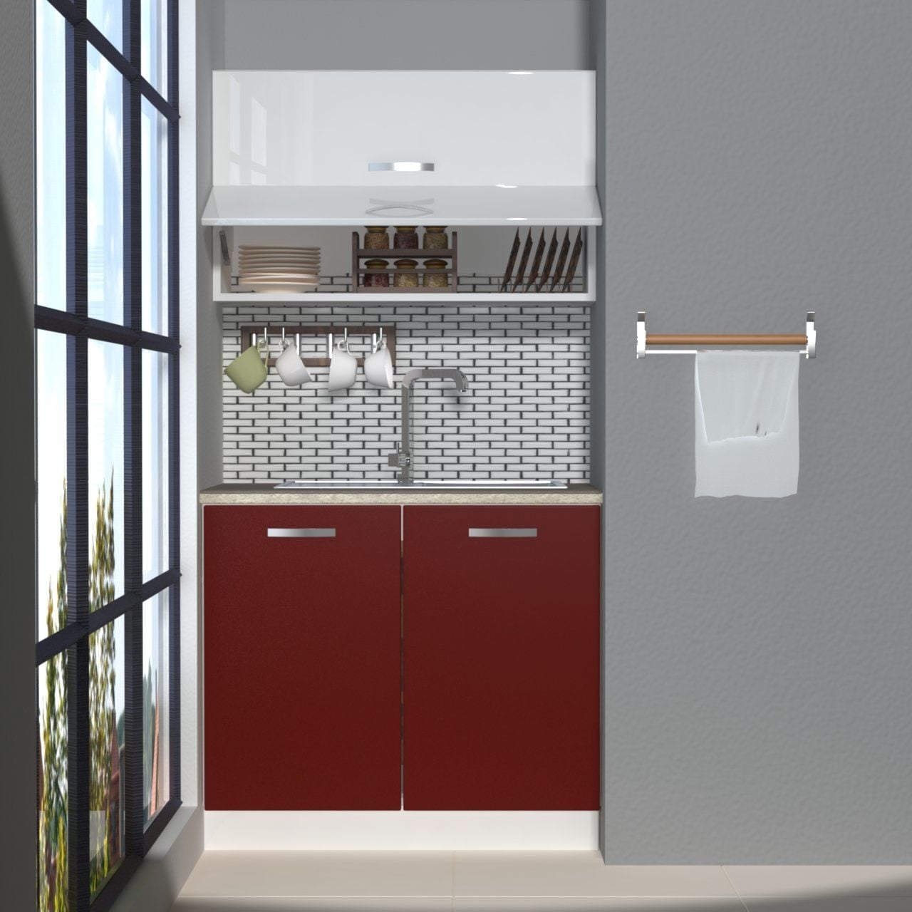 Decoraktiv Mini 90Y MDF Hazır Mutfak Dolabı Bordo - Beyaz