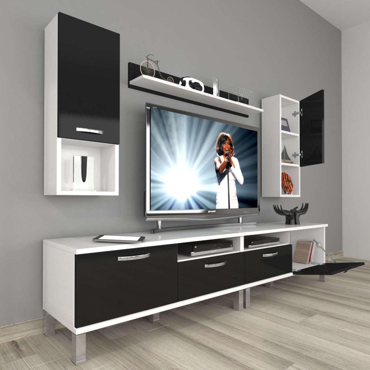 Decoraktiv Eko 5200DA Slm Krom Ayaklı Tv Ünitesi Tv Sehpası Beyaz - Siyah