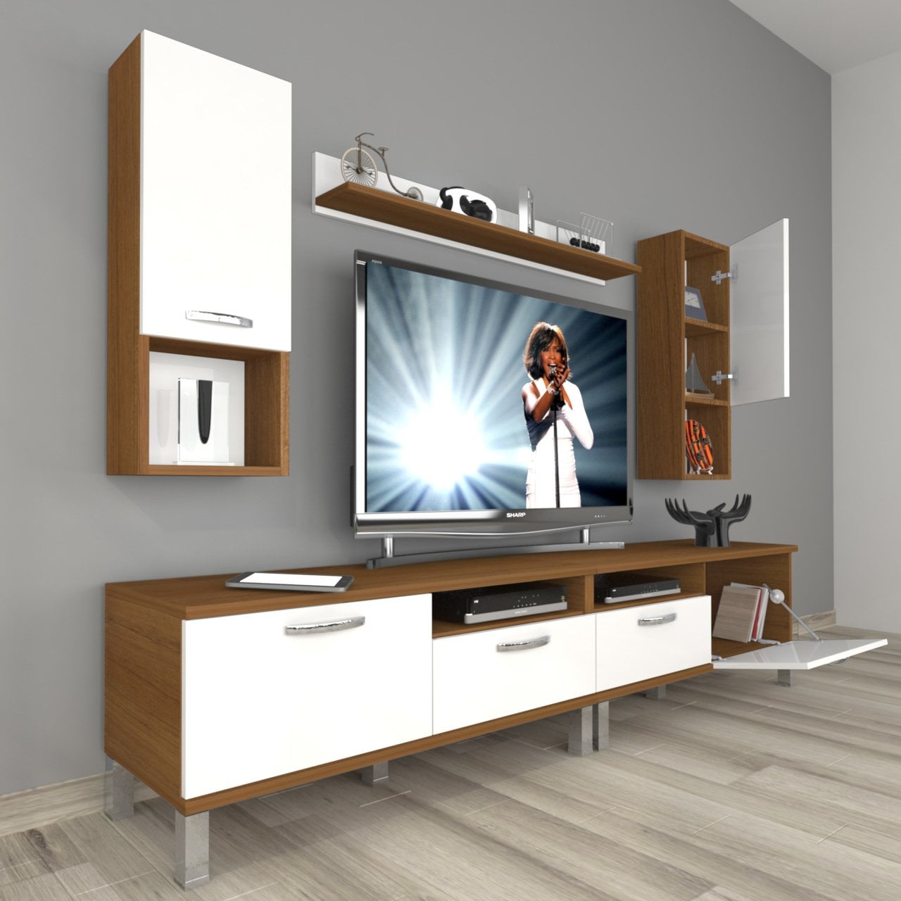 Decoraktiv Eko 5200DA Slm Krom Ayaklı Tv Ünitesi Tv Sehpası Ceviz - Beyaz