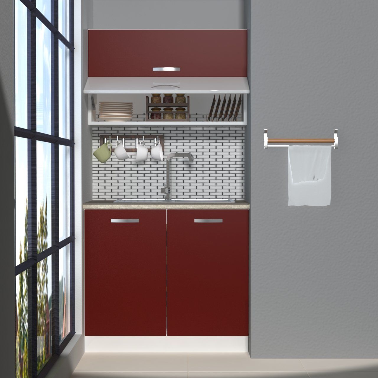 Decoraktiv Mini 90T MDF Hazır Mutfak Dolabı Bordo