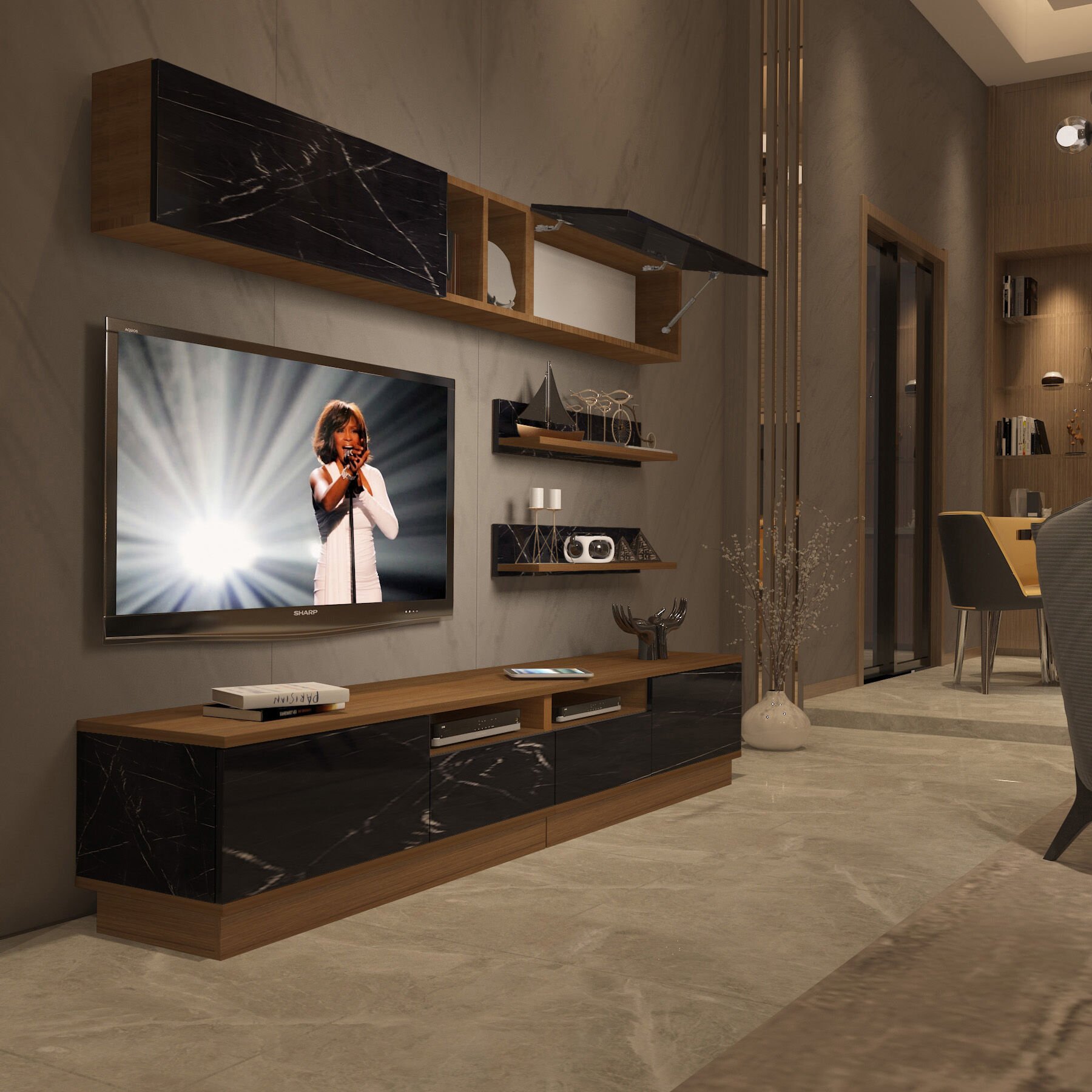 Decoraktiv Trendstyle 5220S Mdf Tv Ünitesi Tv Sehpası Ceviz - Siyah Mermer