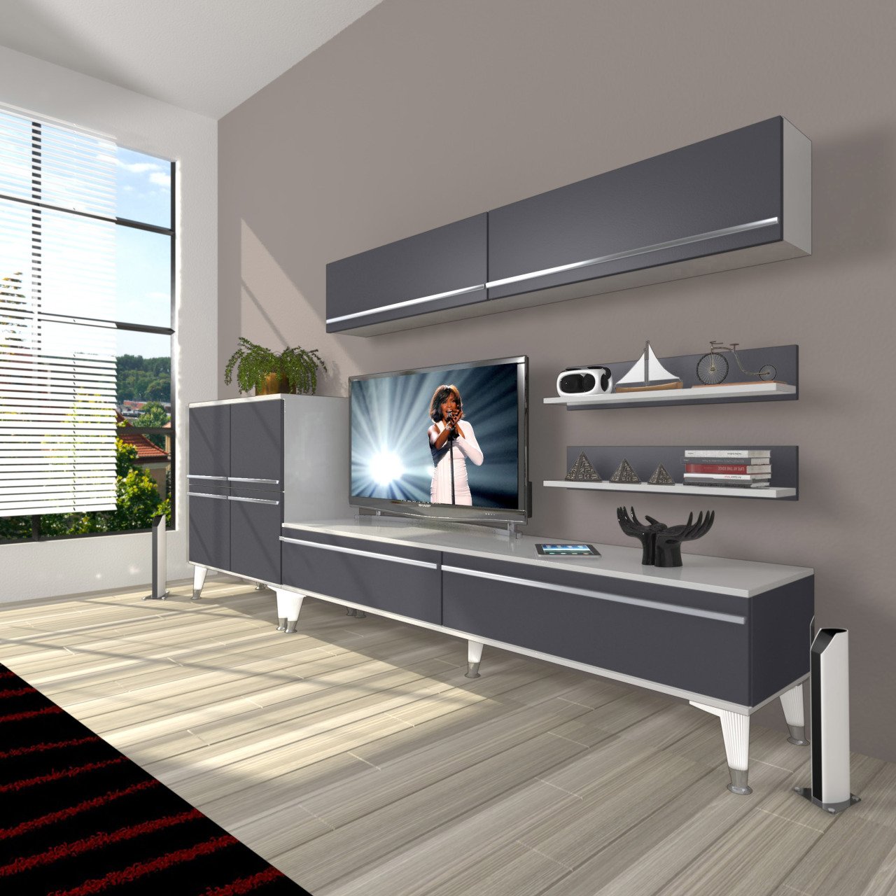 Decoraktiv Eko 6Y Mdf Std Silver Tv Ünitesi Tv Sehpası Beyaz - Antrasit
