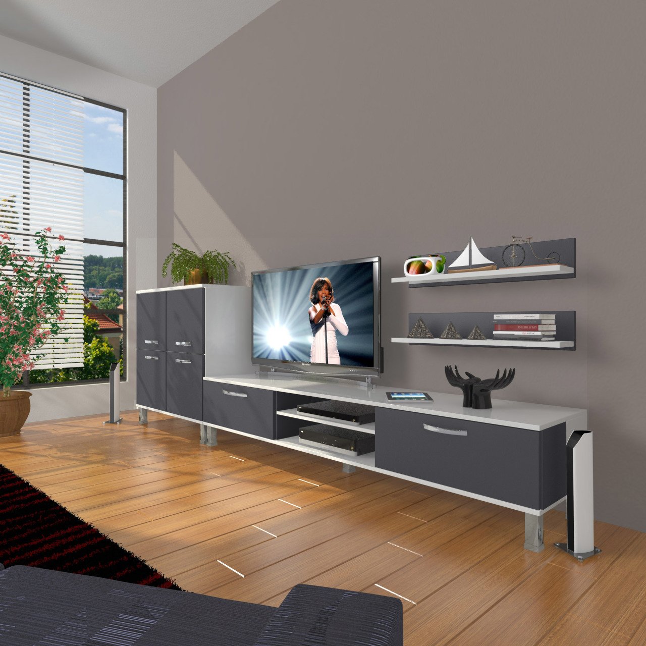 Decoraktiv Eko On Mdf Dvd Krom Ayaklı Tv Ünitesi Tv Sehpası Beyaz - Antrasit