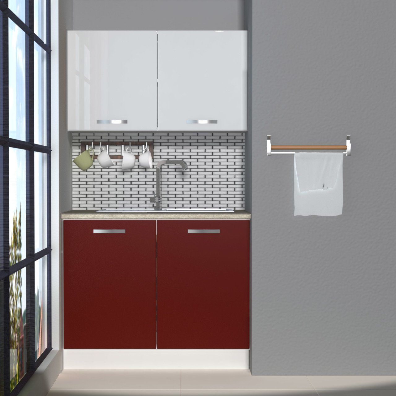 Decoraktiv Mini 100 MDF Hazır Mutfak Dolabı Bordo - Beyaz
