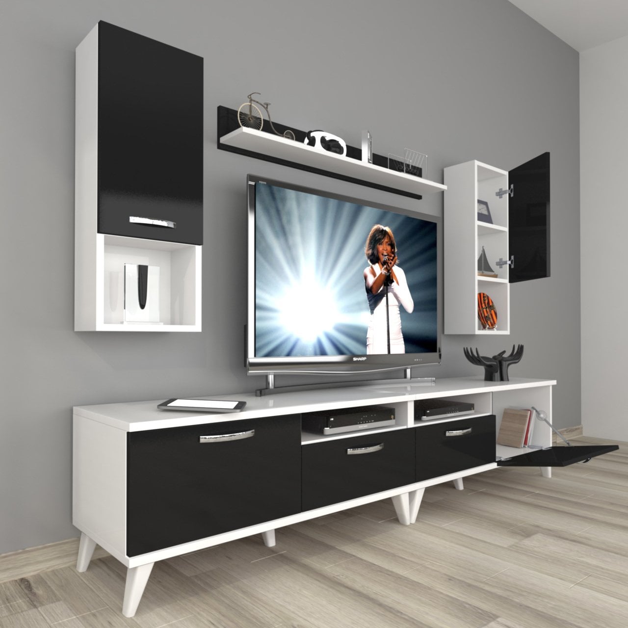 Decoraktiv Eko 5200DA Slm Retro Tv Ünitesi Tv Sehpası Beyaz - Siyah