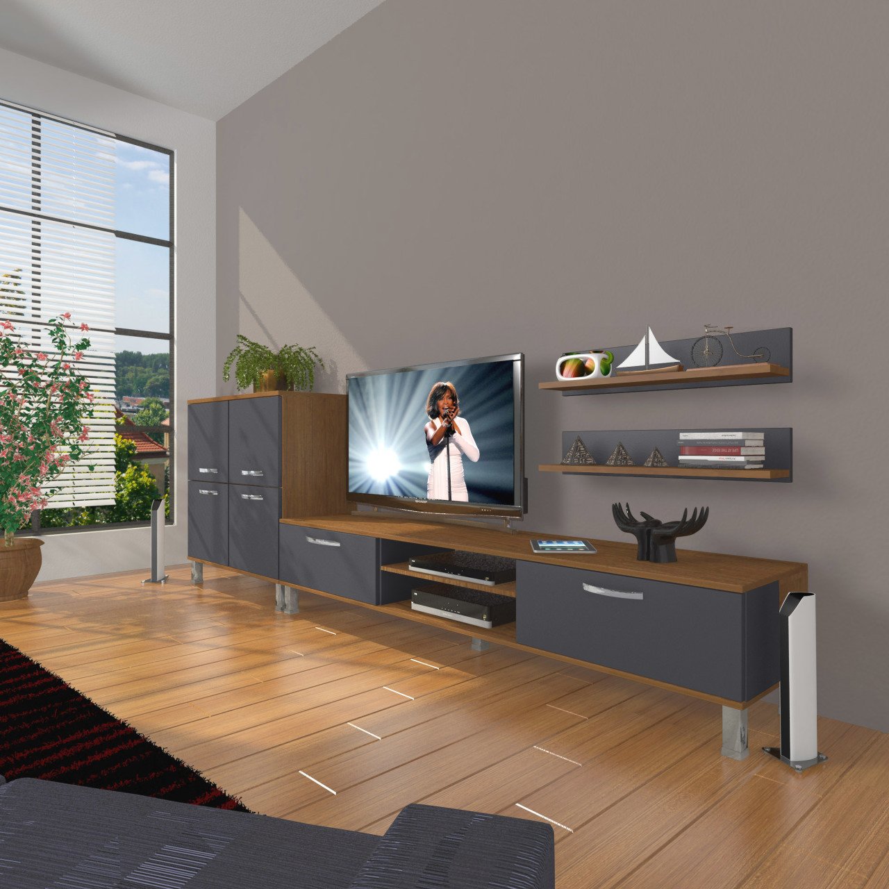 Decoraktiv Eko On Mdf Dvd Krom Ayaklı Tv Ünitesi Tv Sehpası Ceviz - Antrasit