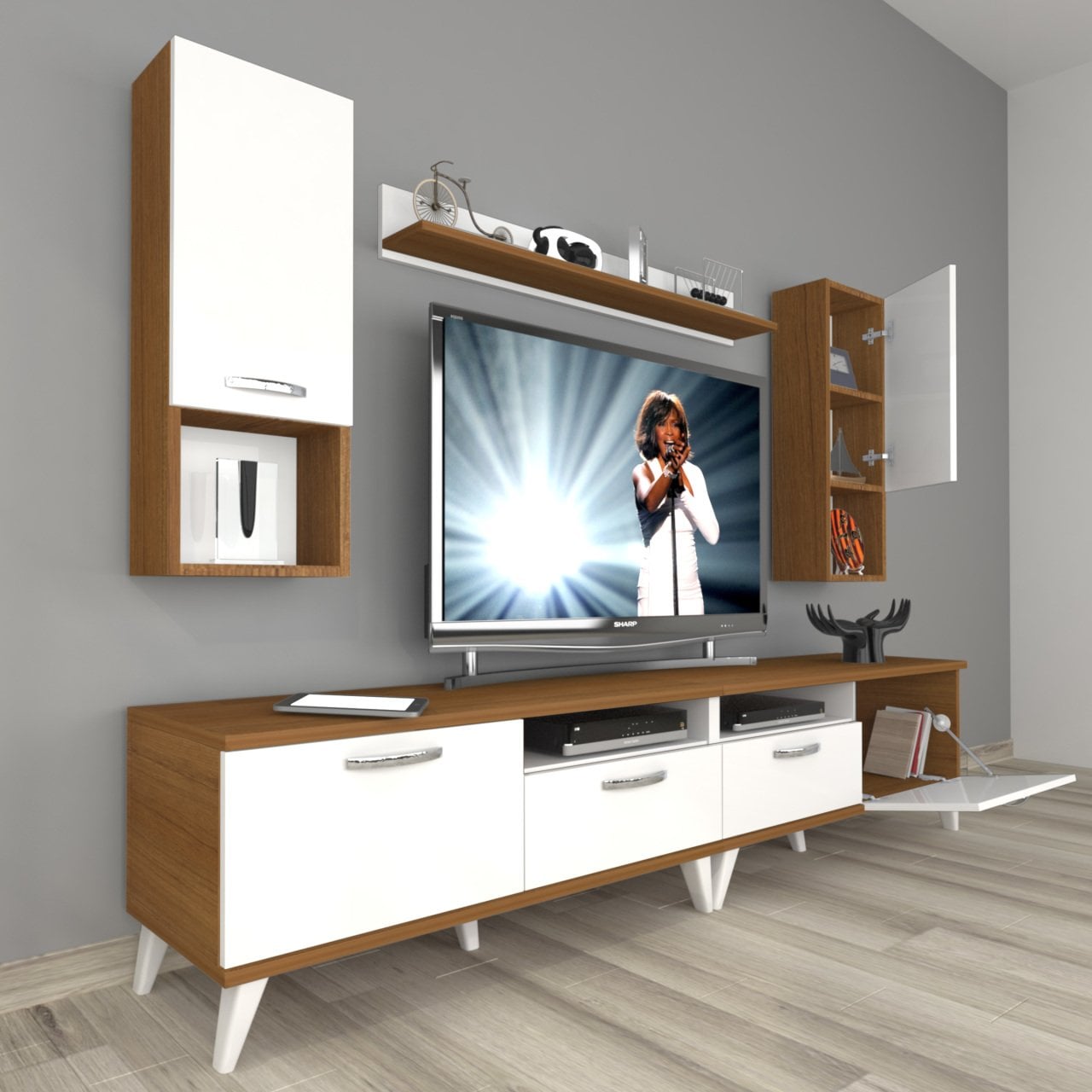 Decoraktiv Eko 5200DA Slm Retro Tv Ünitesi Tv Sehpası Ceviz - Beyaz