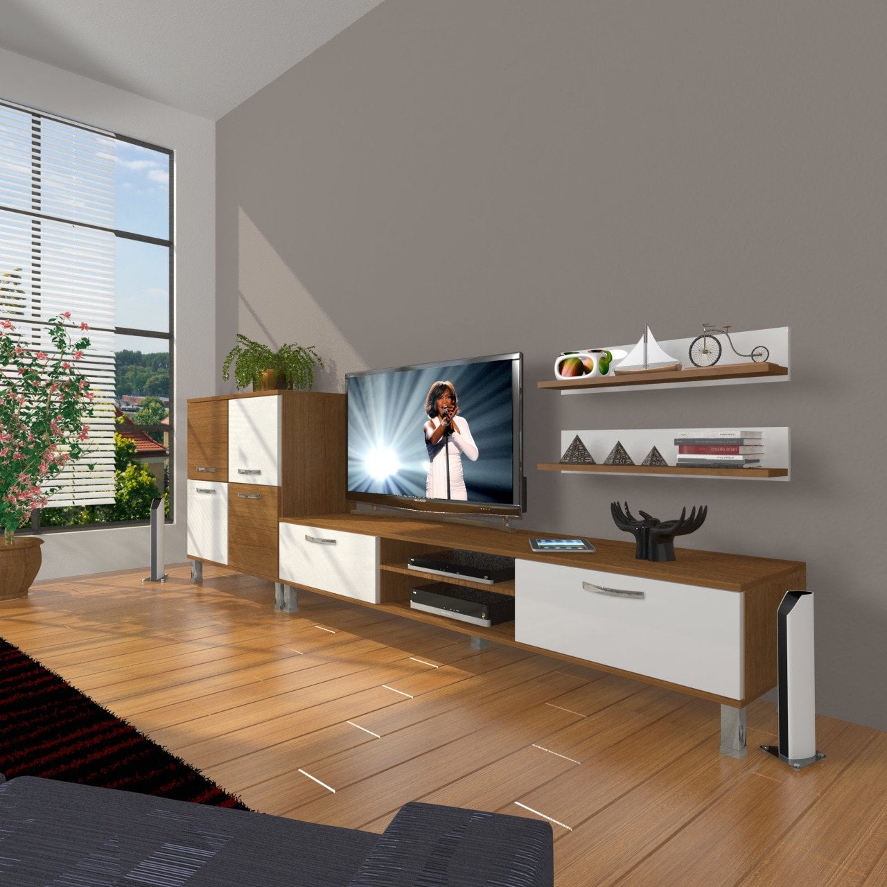 Decoraktiv Eko On Mdf Dvd Krom Ayaklı Tv Ünitesi Tv Sehpası Ceviz - Beyaz
