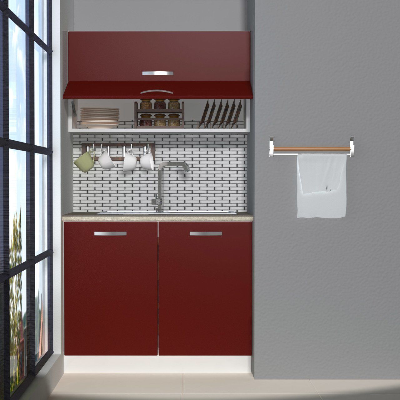 Decoraktiv Mini 100Y MDF Hazır Mutfak Dolabı Bordo