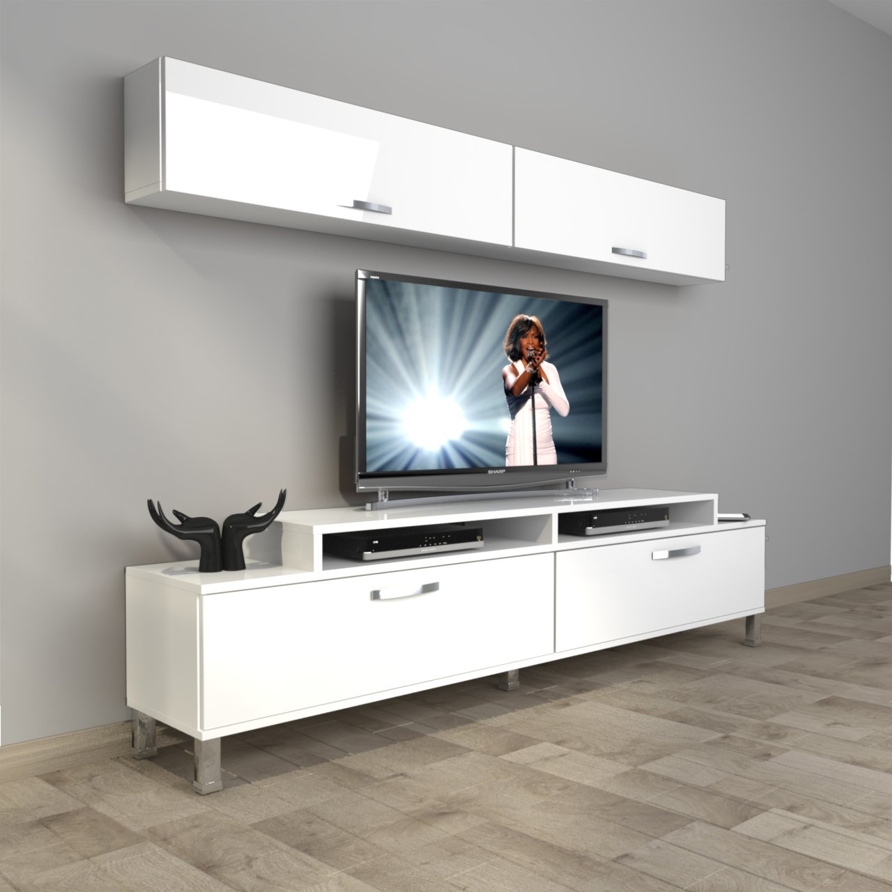 Decoraktiv Ekoflex 5 Slm Krom Ayaklı Tv Ünitesi Tv Sehpası Parlak Beyaz