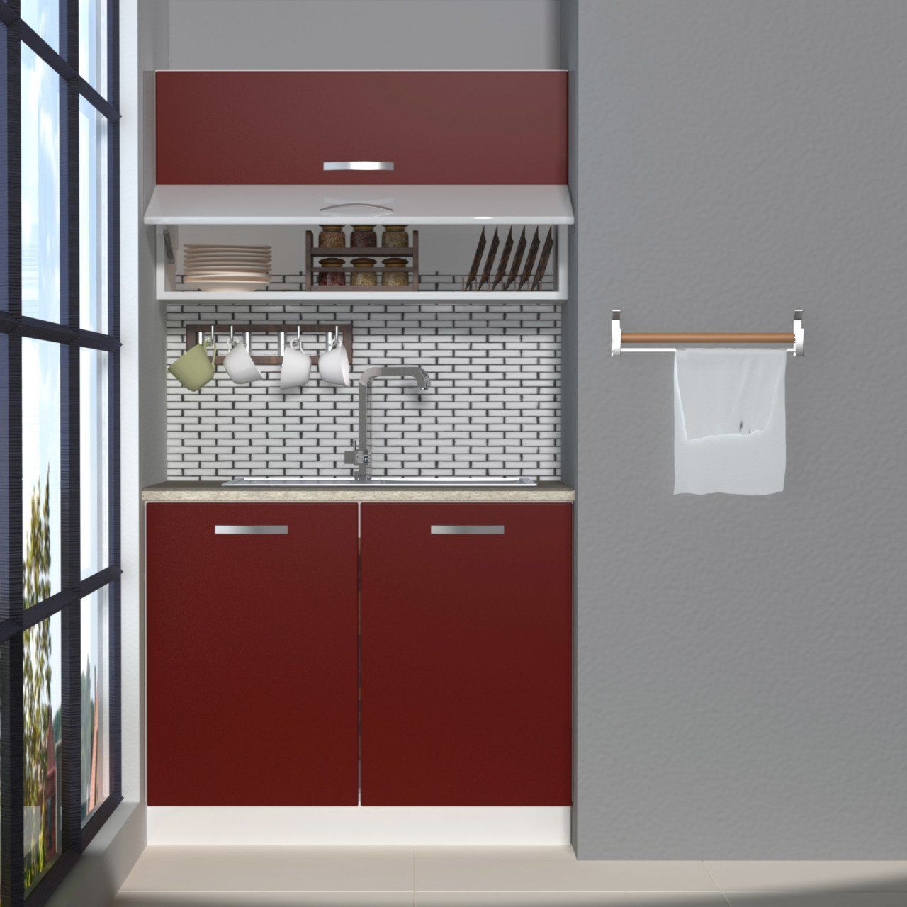 Decoraktiv Mini 100T MDF Hazır Mutfak Dolabı Bordo