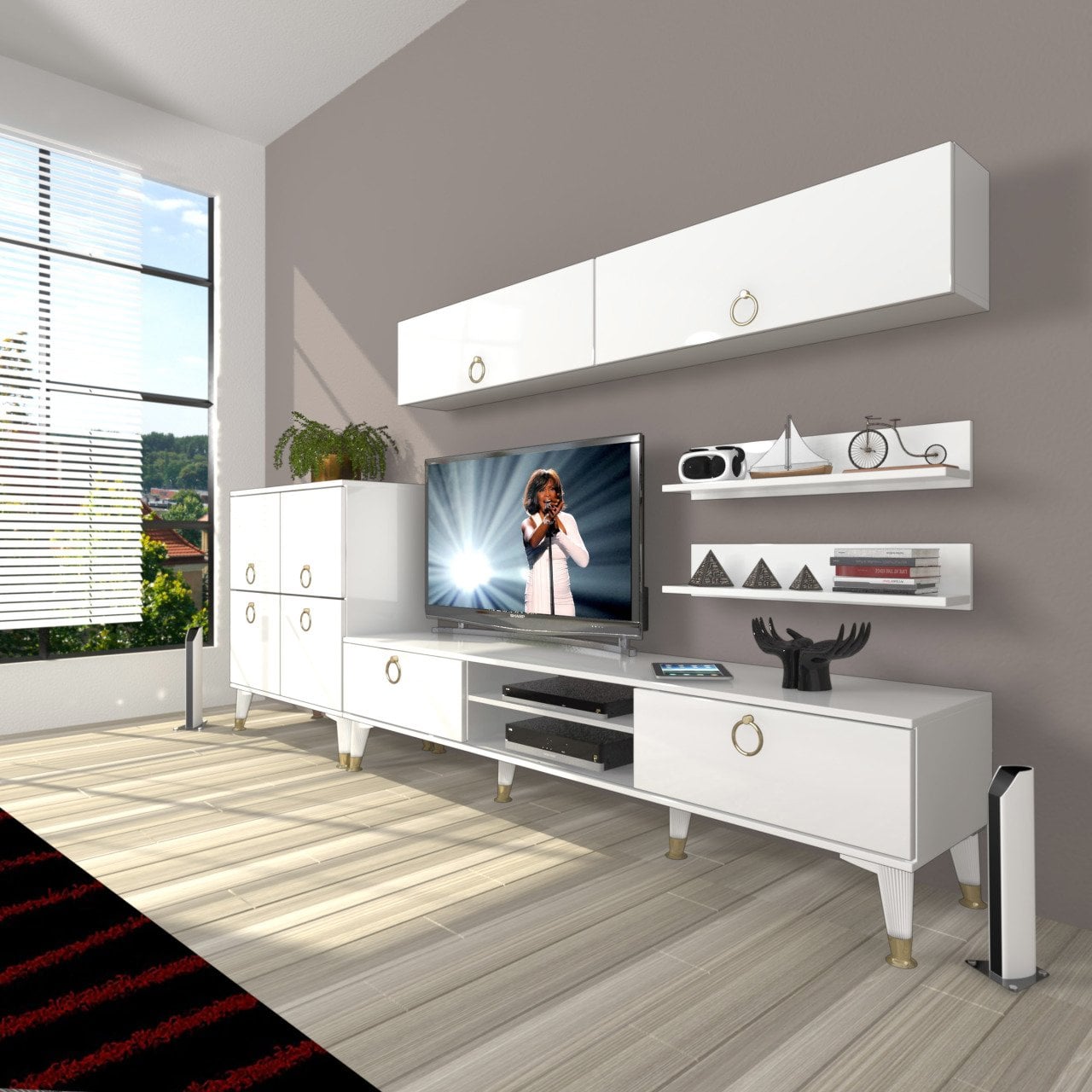 Decoraktiv Eko 6Y Mdf Dvd Gold Tv Ünitesi Tv Sehpası Parlak Beyaz