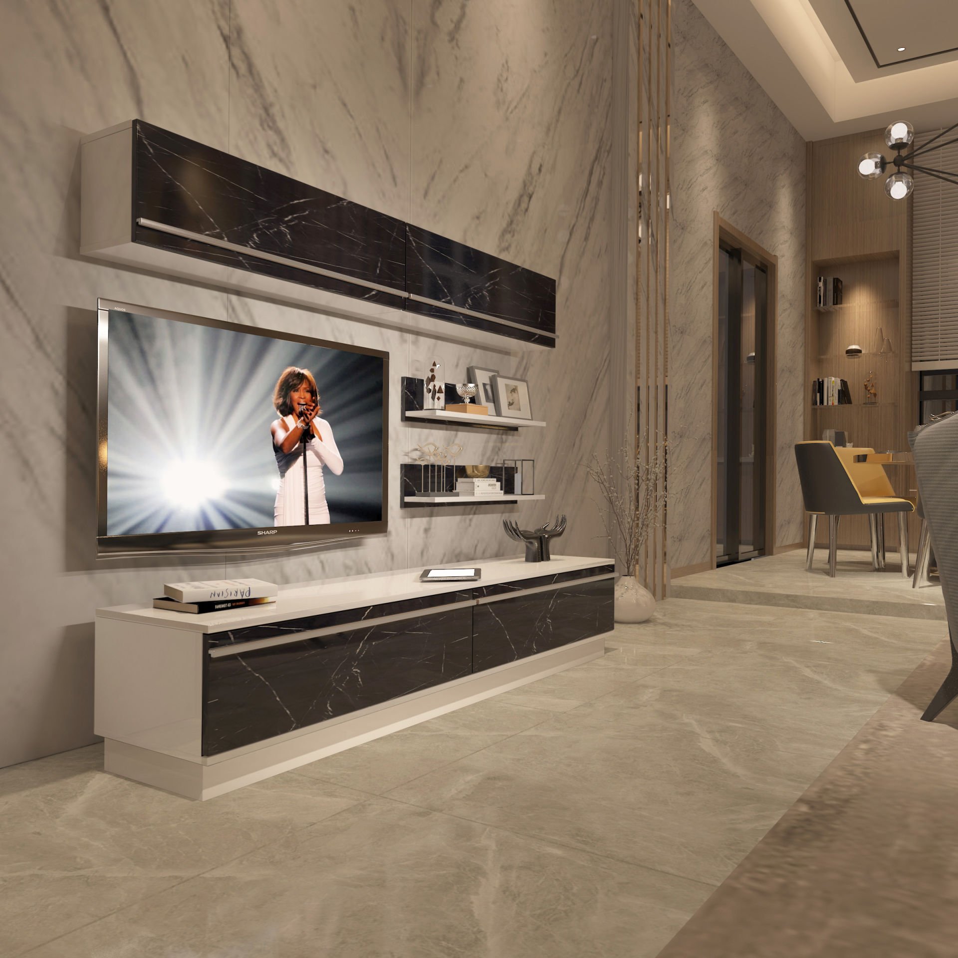 Decoraktiv Eko 5B Mdf Std Tv Ünitesi Tv Sehpası Beyaz - Siyah Mermer