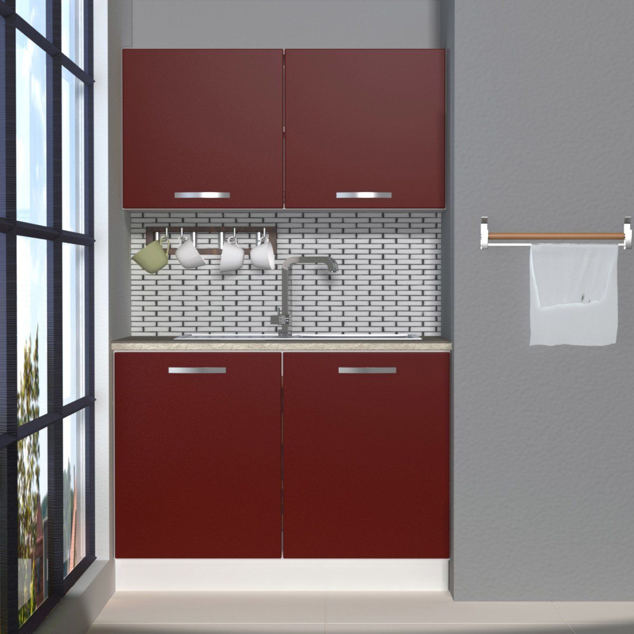Decoraktiv Mini 120 MDF Hazır Mutfak Dolabı Bordo