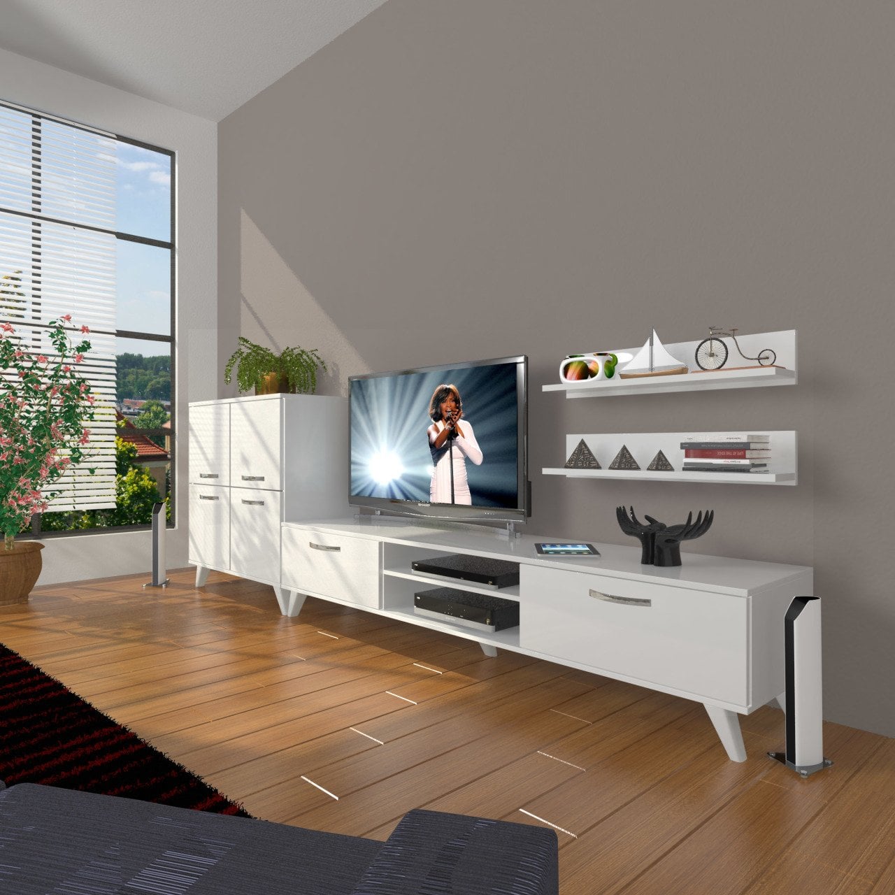 Decoraktiv Eko On Mdf Dvd Retro Tv Ünitesi Tv Sehpası Parlak Beyaz
