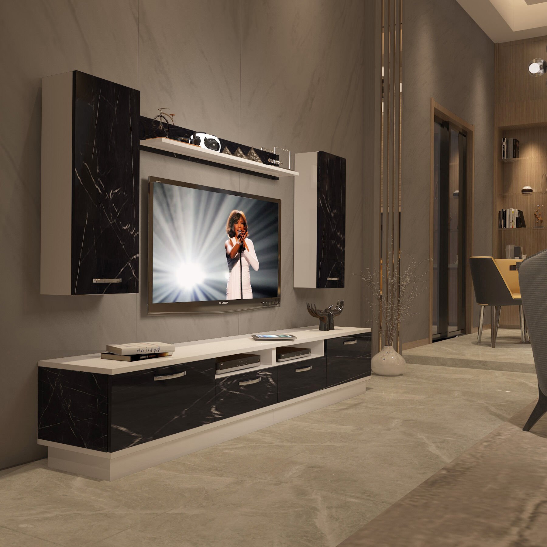 Decoraktiv Trendstyle 5220D Mdf Tv Ünitesi Tv Sehpası Beyaz - Siyah Mermer