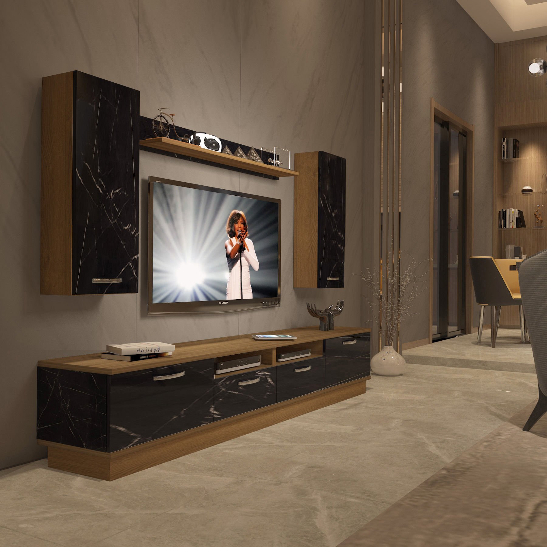 Decoraktiv Trendstyle 5220D Mdf Tv Ünitesi Tv Sehpası Pera - Siyah Mermer