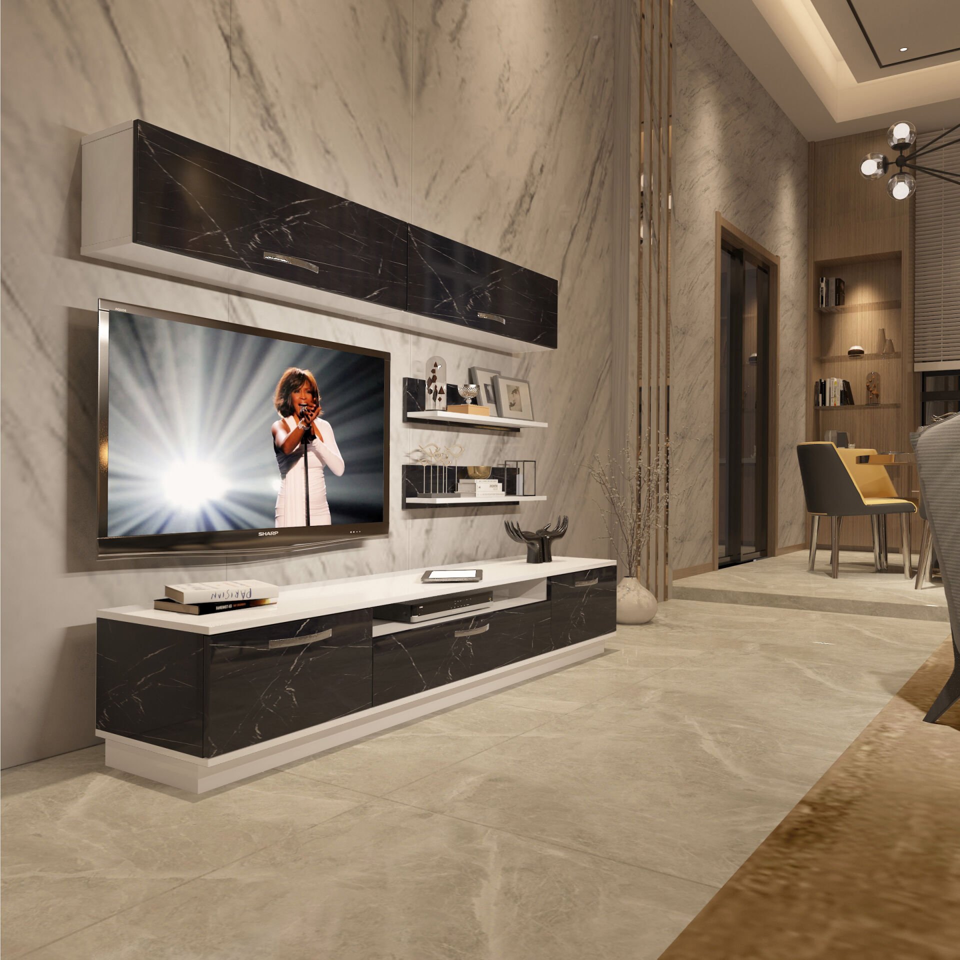 Decoraktiv Trendstyle 5 Mdf Tv Ünitesi Tv Sehpası Beyaz - Siyah Mermer