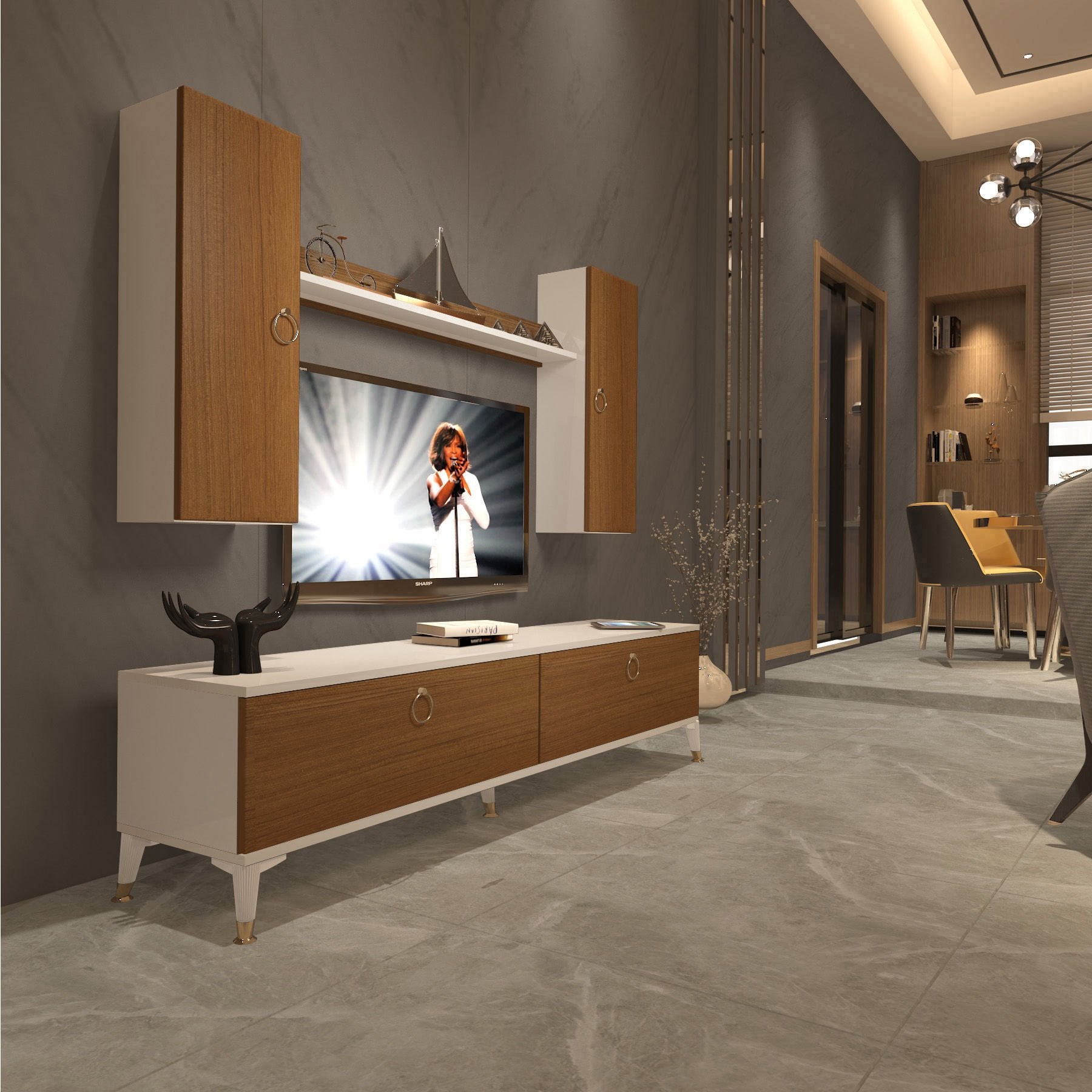 Decoraktiv Eko 7 Mdf Std Gold Tv Ünitesi Tv Sehpası Beyaz - Ceviz