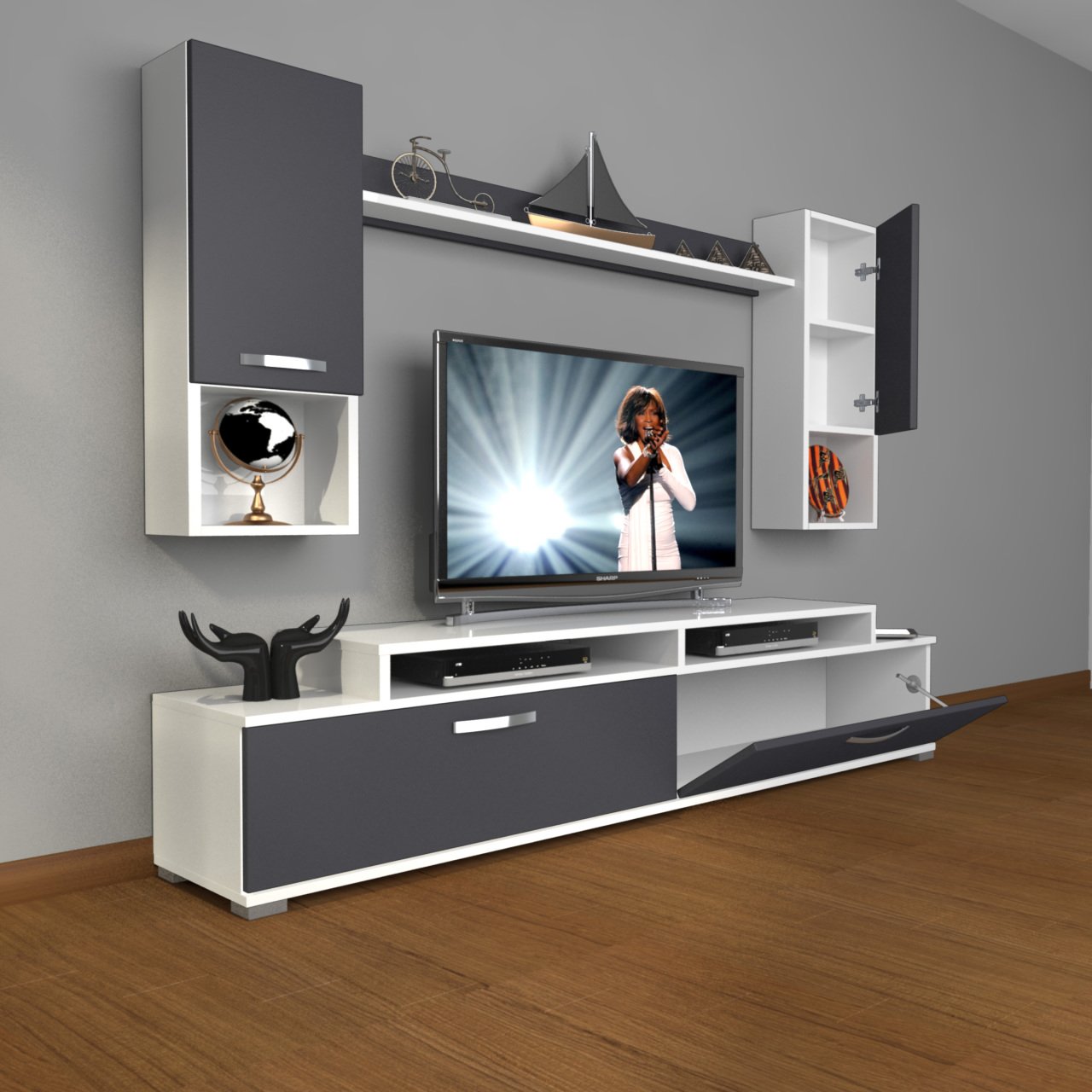 Decoraktiv Ekoflex 5DA Mdf Tv Ünitesi Tv Sehpası Beyaz - Antrasit