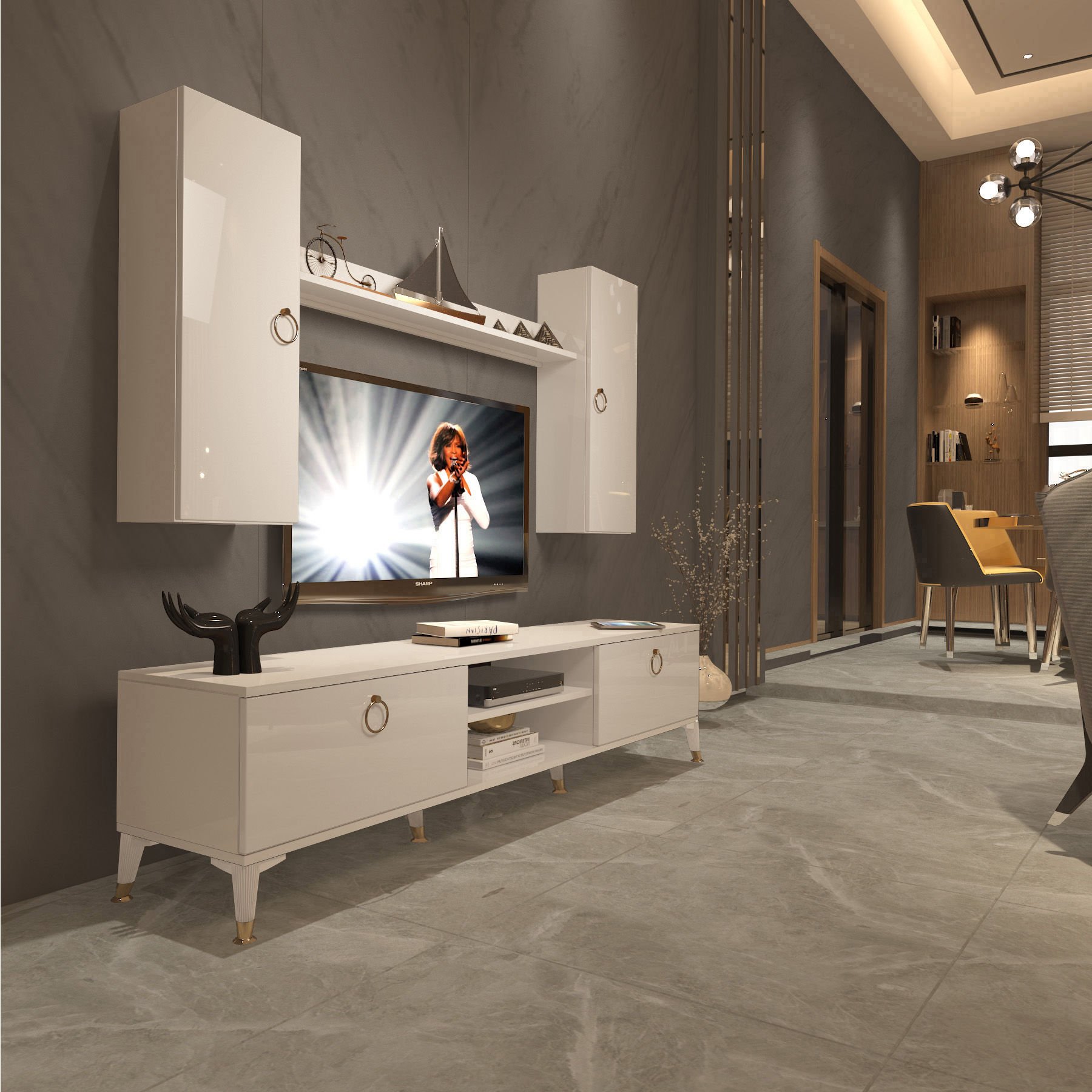 Decoraktiv Eko 7 Mdf Dvd Gold Tv Ünitesi Tv Sehpası Parlak Beyaz